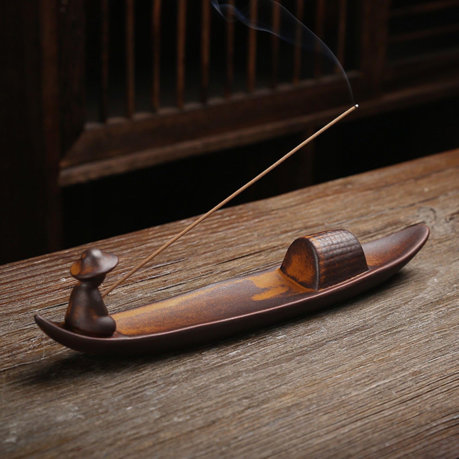 Hargio Ceramic Incense Holder Angler Boat Design 10in Brown Japan