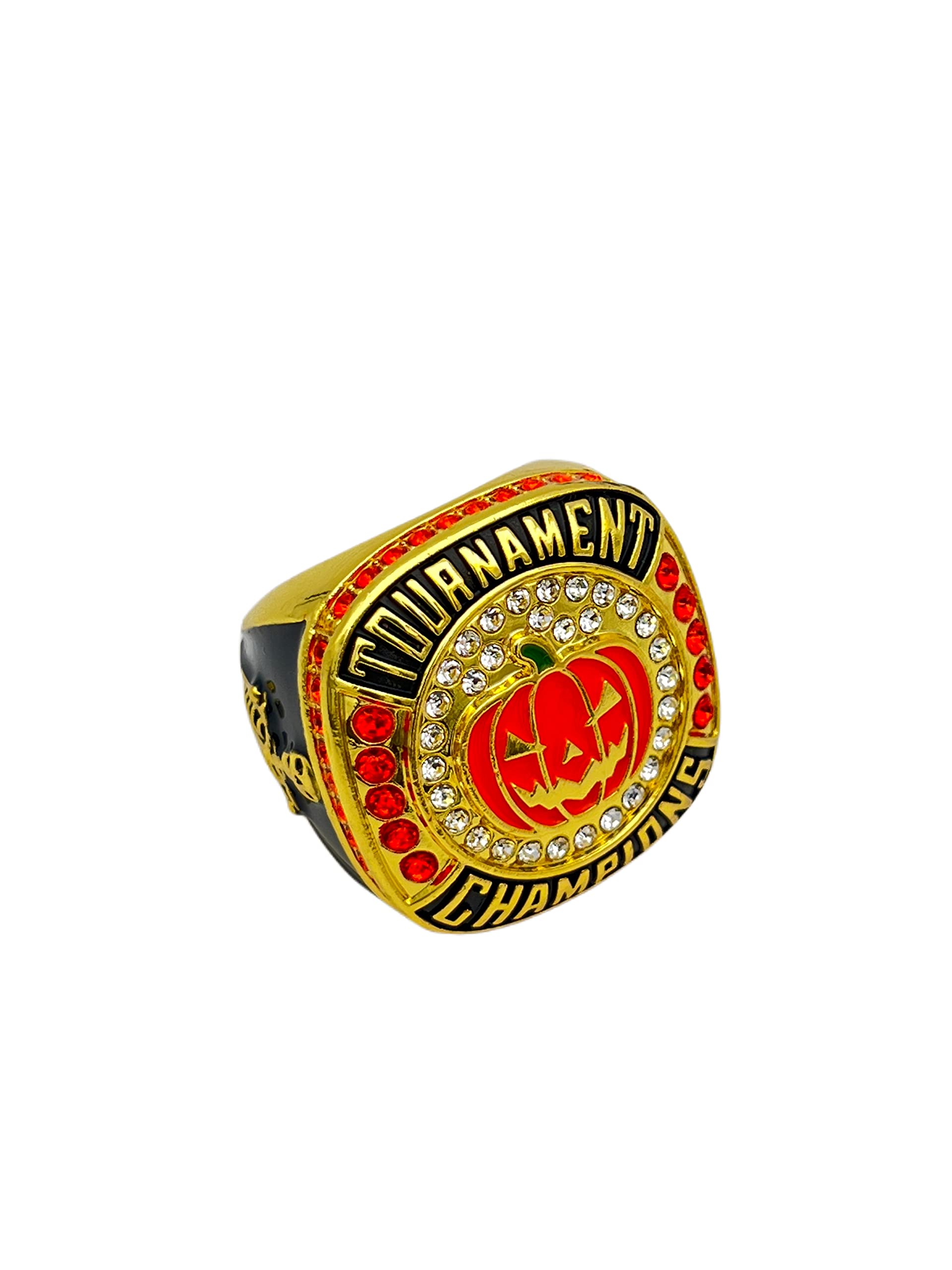 Discount Sports Rings, HALLOWEEN GOLD PUMPKIN CHAMPION — GOLD BODY, ORANGE STONES, Premium Player/Tournament Rings 12-52