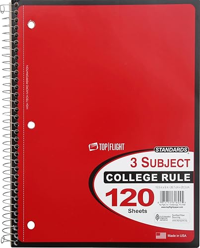 Top Flight Estándares 3 sujetos cuaderno encuadernado con alambre, 120 hojas, 3 agujeros perforados, regla universitaria, 10.5 x 8 pulgadas, 1