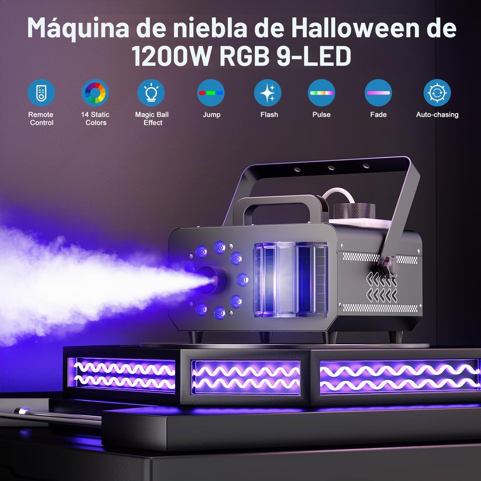 1200W Máquina de Humo, Máquina de niebla de con efecto de bola mágica y 9 LEDs RGB, 4 modos dinámicos + 14 colores de ambiente estáticos, control remoto inalámbrico, para DJ, Halloween,eventos en esce