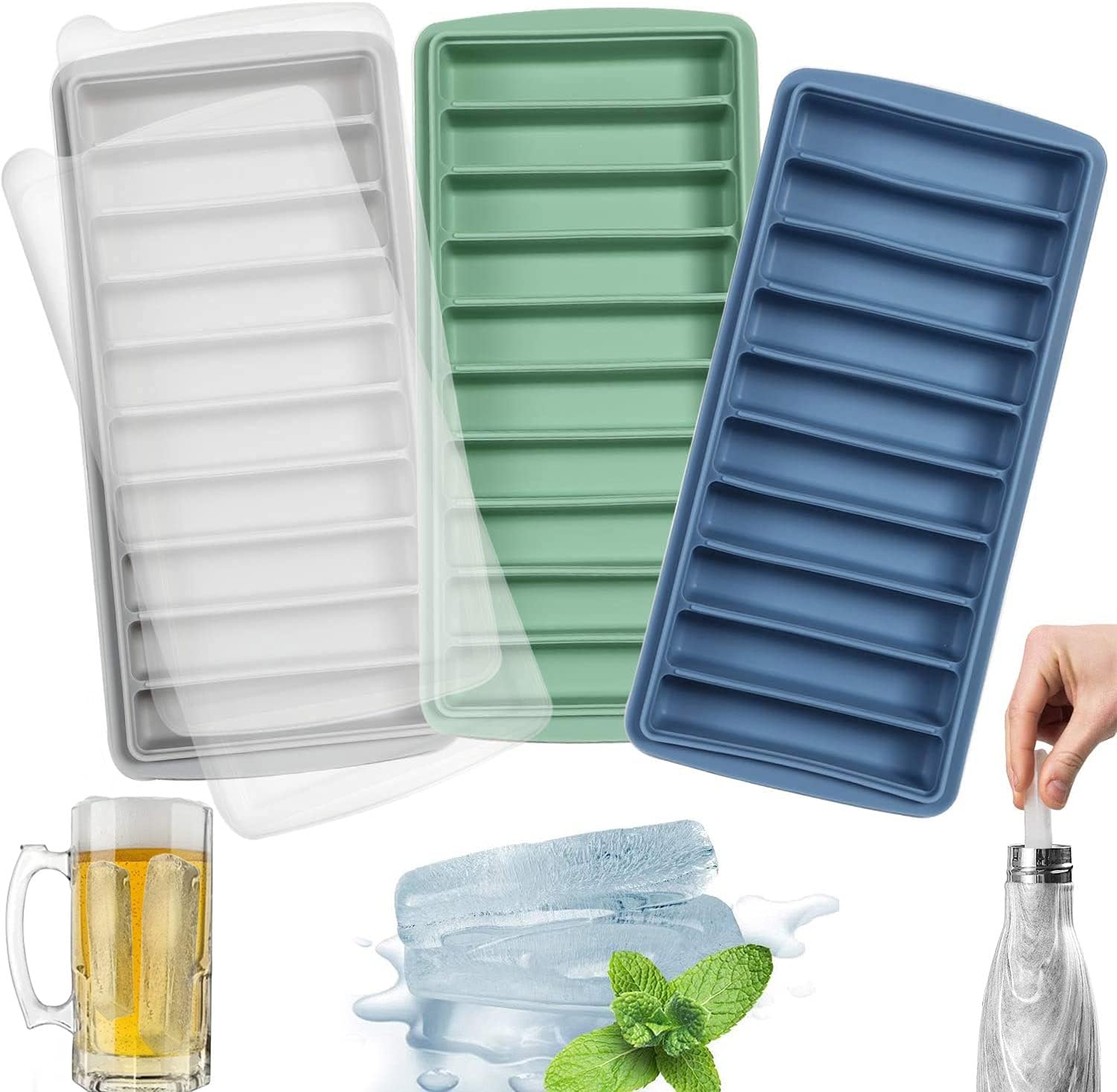 3 PCS Ice Cube Tray, Long Ice Stick Tray Silicone with Lid, Rectangular Narrow Stick, Reusable, Flexible, Easy Release, for Small Mouth Sport Bottles, Juice Bottles, Cocktail Parties