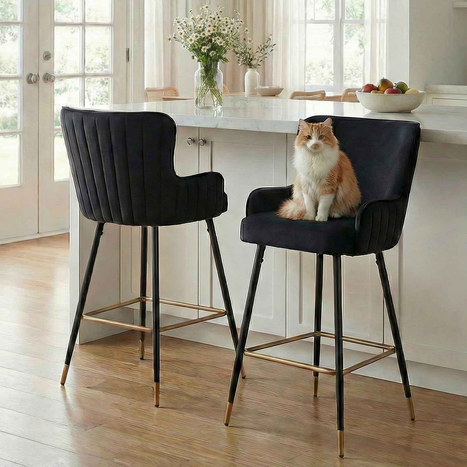 COMULER Velvet Upholstered Bar Stools with Back Set of 2, 30” Black Modern Kitchen Stools Gold Legs Comfy High Dining Chair with Footrest Metal Legs