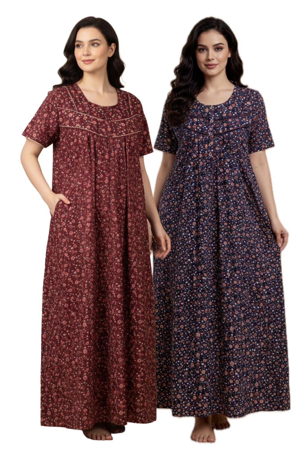 bahumaan Cotton Nighty for Women Full Length Stylish | Floral Print Cotton Maxi Dress for Women with Pocket | Sleepwear Gown for Women-picture-31