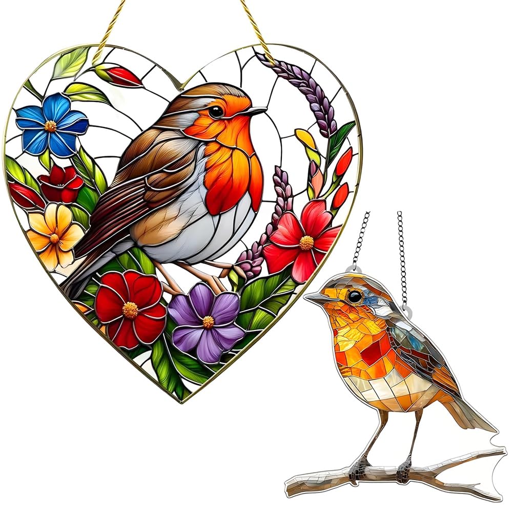 Jynkchrenzic Light Robin Hanging Suncatcher Heart And Robin Suncatcher On Branch Stained Glass 2Pcs Colorful Bird Window Hanging Ornaments Robins For Outdoor Home Garden Decoration