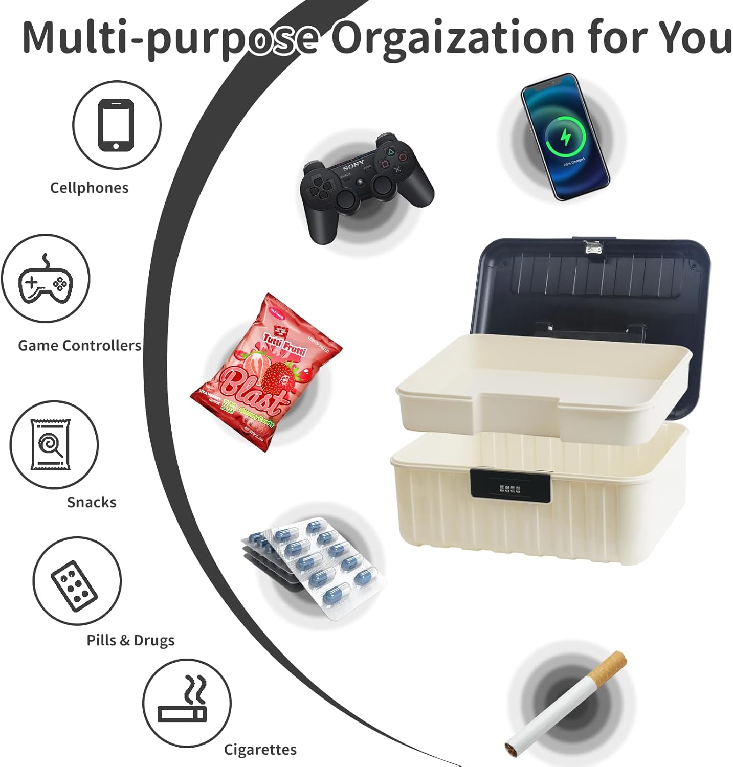 PENCK Large Lockable Storage Box, Plastic Storage Container with Code, Medication Lock Box, Stackable Secure Organizer for Office Home, White&Black