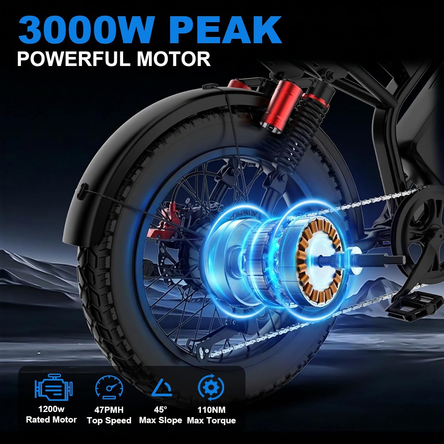 Electric Bikes for Adults 1500/2000/3000W Peak, 48V Removable Long Lasting Battery Electric Bike, Commuter Adults Electric Bicycles, Full Suspension 20in Fat Tire Ebikes