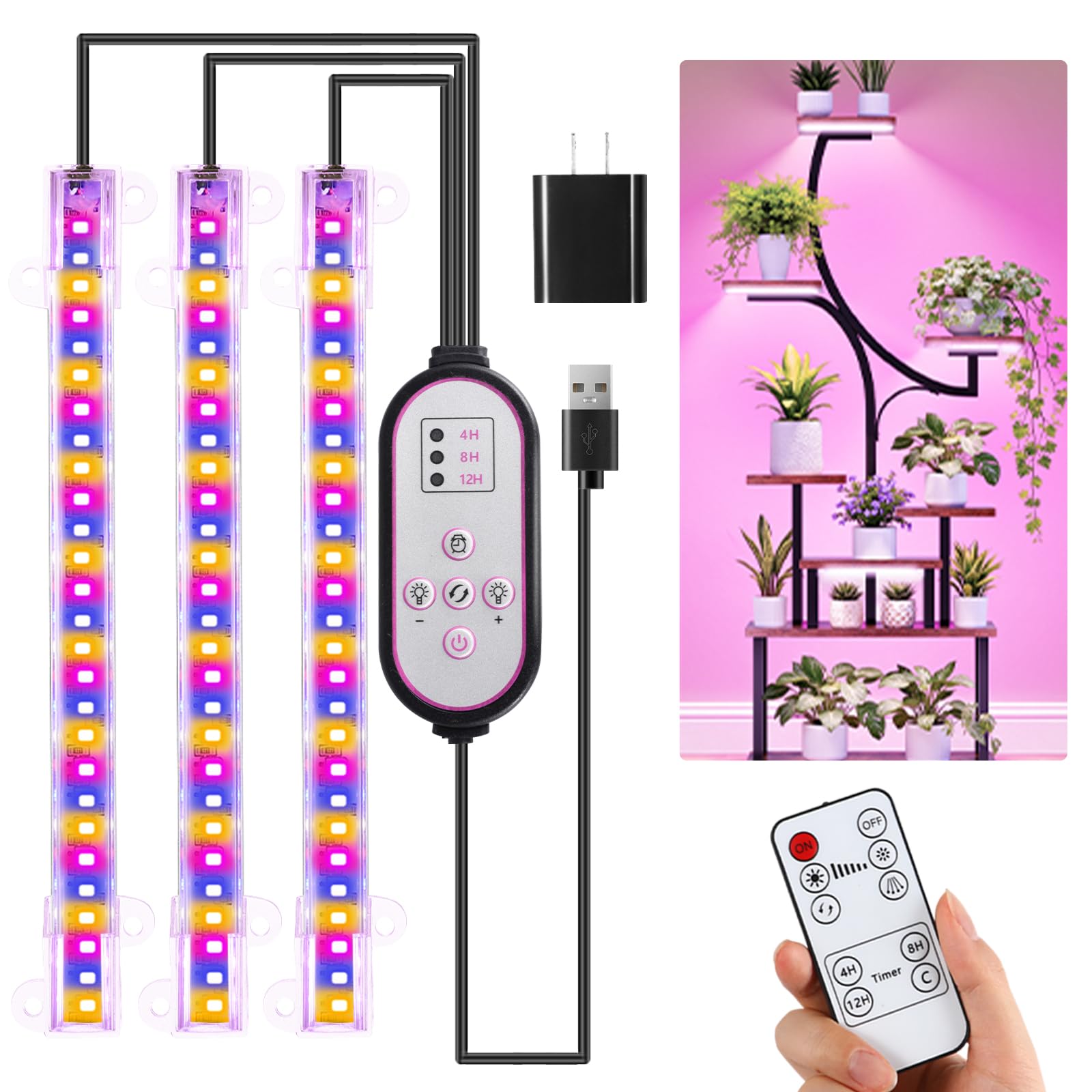 7.8'' 3 Head LED Grow Light Strips, Grow Lamps for Indoor Plants Full Spectrum, Plant Light with 4/8/12H Timer, 10 Dimmable Levels for Seedling Succulent,Best Match for Plant Shelf