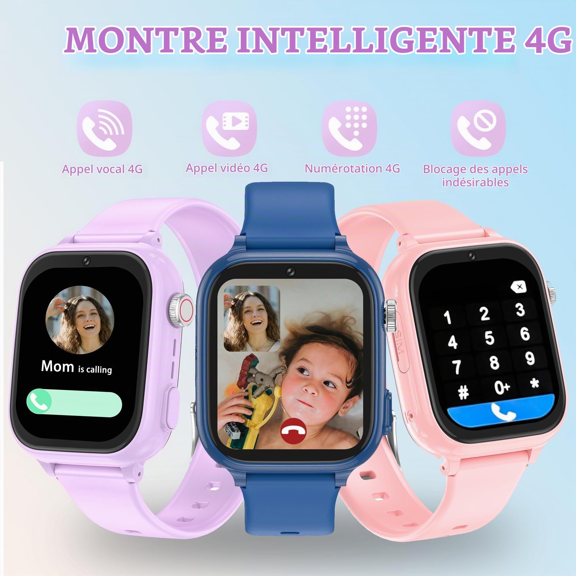 Montre Connectée Enfant GPS, 4G Montre Connectée Ado avec Telephone Appel Vidéo, WiFi, Bluetooth, SOS, Mode Classe, Face ID, App Store, Whatsapp, Réveil, IP68 Smartwatch Enfants Cadeaux (Violet)
