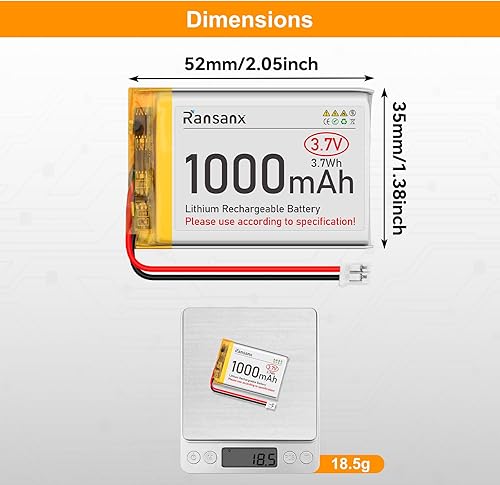 Miniatura 6 de Batería Lipo de 3.7 V 1000 mAh 523450 batería recargable de polímero de litio con conector JST PH2.0.000 in + cargador USB de 1000 mAh con interfaz