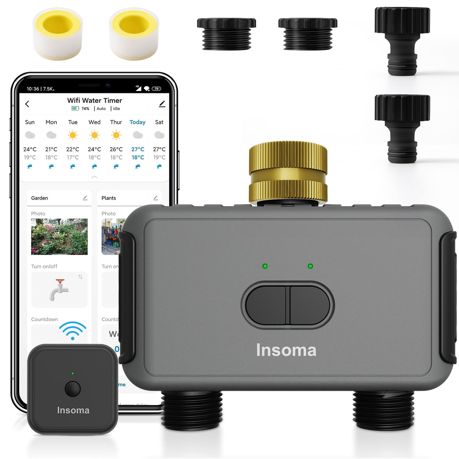 Timer intelligente per tubo flessibile con 2 uscite, controller automatico del sistema di irrigazione per prati, compatibile con ingresso Alexa grigio scuro in ottone e uscita in plastica (2 uscite)