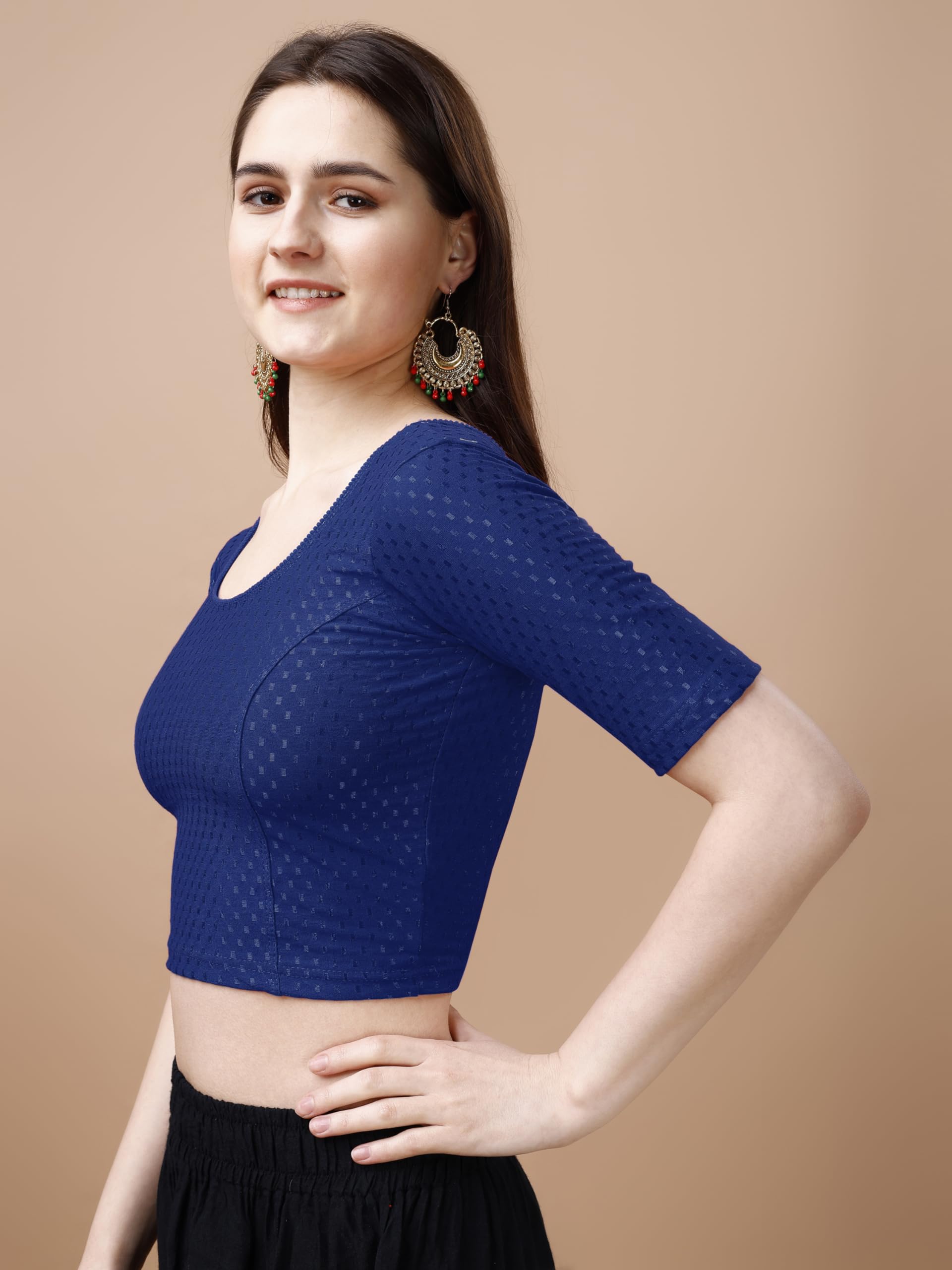 Pujia Mills Women's Readymade Dobby Cotton Lycra Stretchable Round Neck Half Sleeve Blouse Fancy Navy Blue Color Lycra Stretchable Blouse For Women Stylish Readymade Saree Blouse