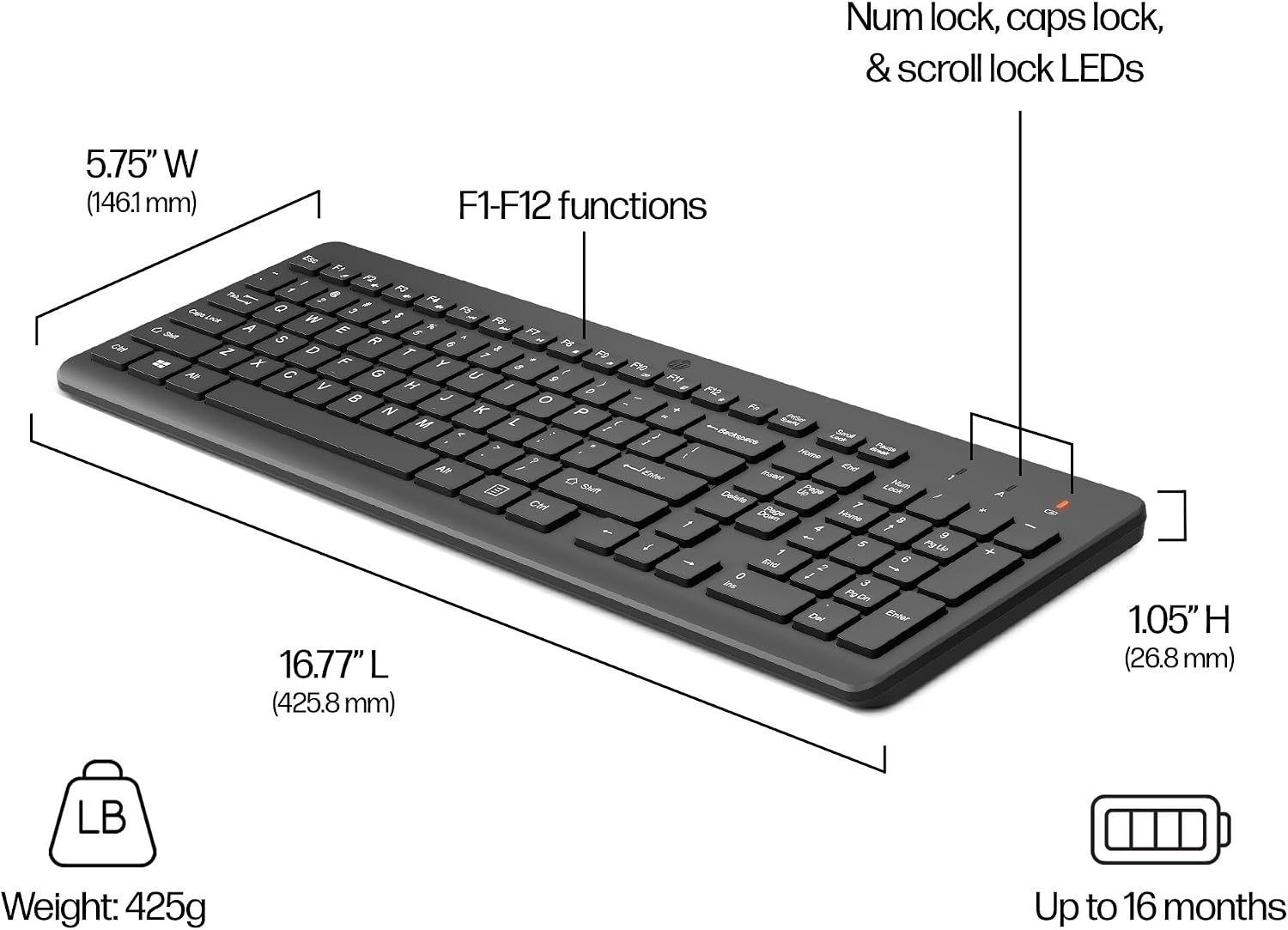 HP 220 Teclado Inalámbrico QWERTY Español – (Puerto USB Type-A, Bateria de hasta 16 Meses de Duración,12 Combinaciones Accesos Directos, Windows), Color Negro 5