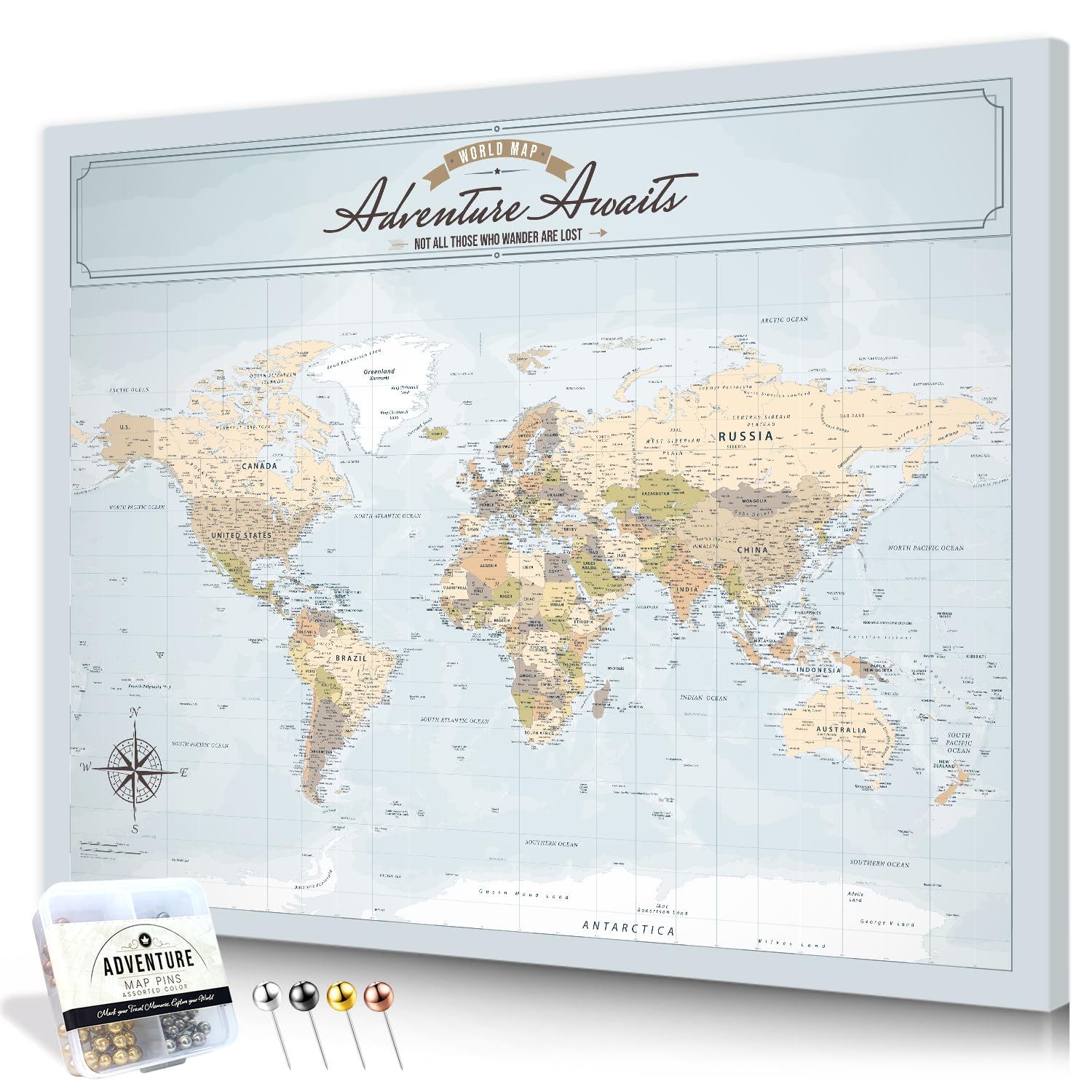 IPIC Blue Ocean World Travel Map with Pins, World Map Pin Board, 30x24 in