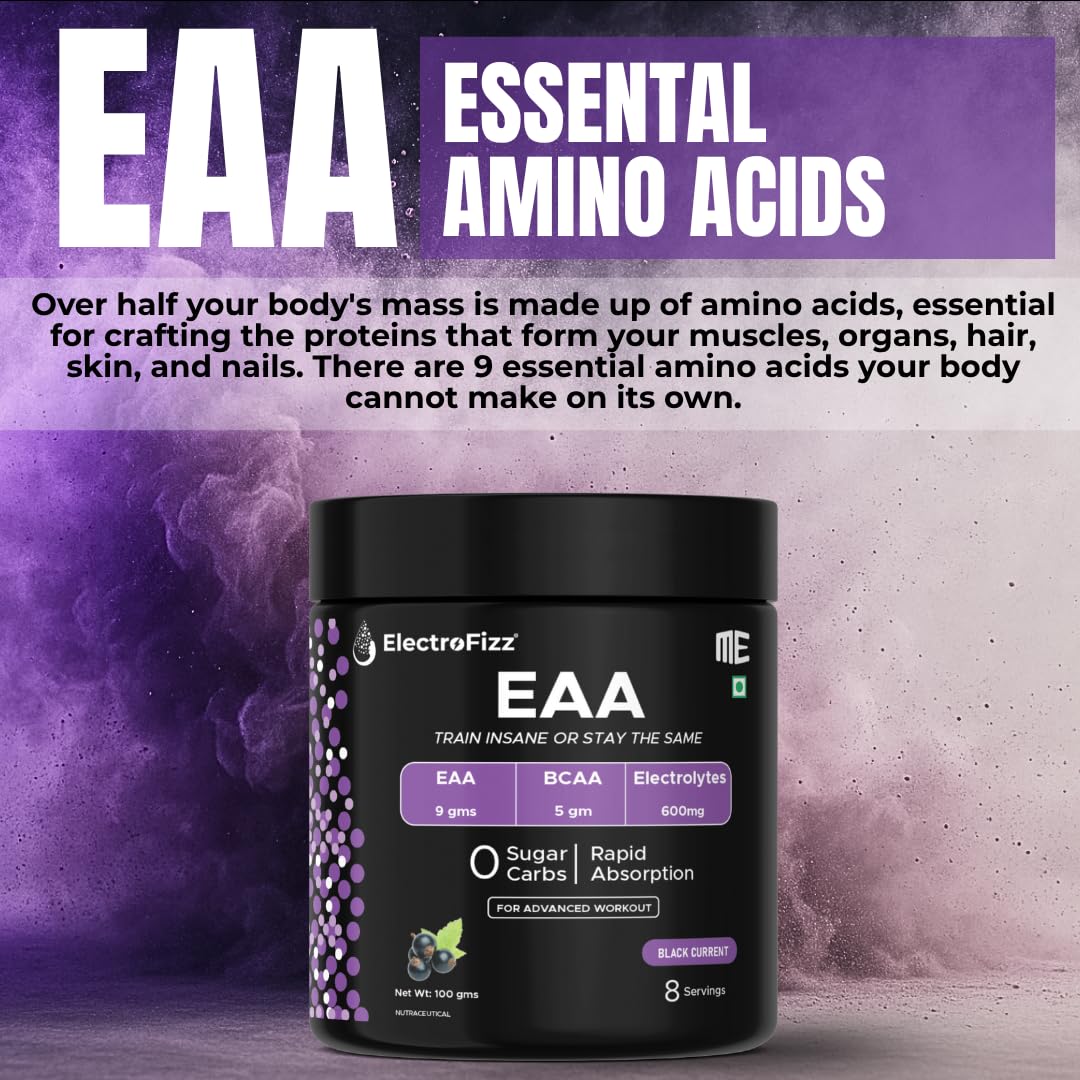 ElectroFizz Advanced EAA Supplement For Men & Women With Hydration Blend & Vitamins | 9000 mg EAA intra workout Supplement With BCAA 5000Mg - 8 Servings,100 gms (Black currant) - Image 4 thumbnail