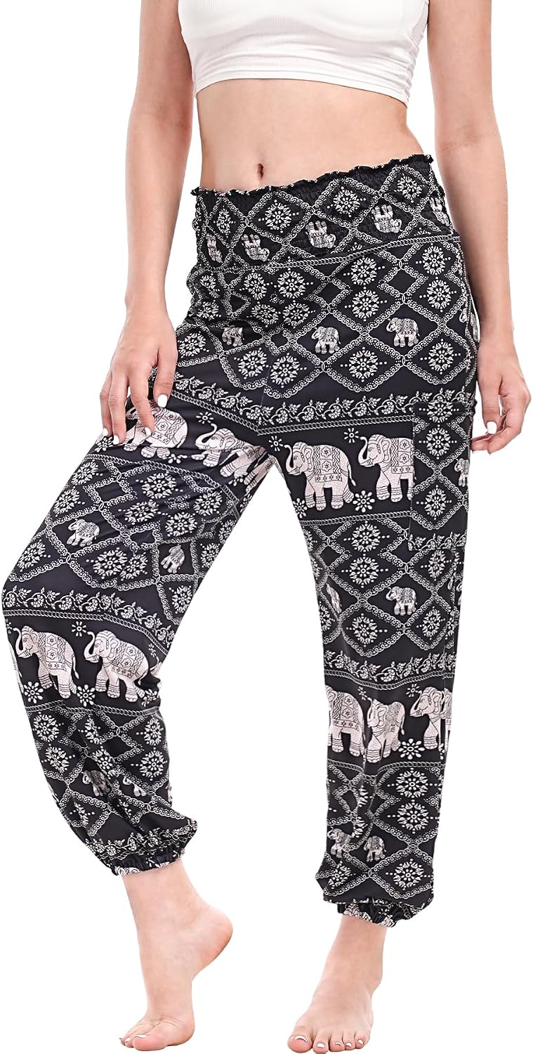 Boho Pants for Women Stretchy Wide Leg Hippie Harem Pants Lounge Casual Bohemian High Waist Palazzo Yoga Pants