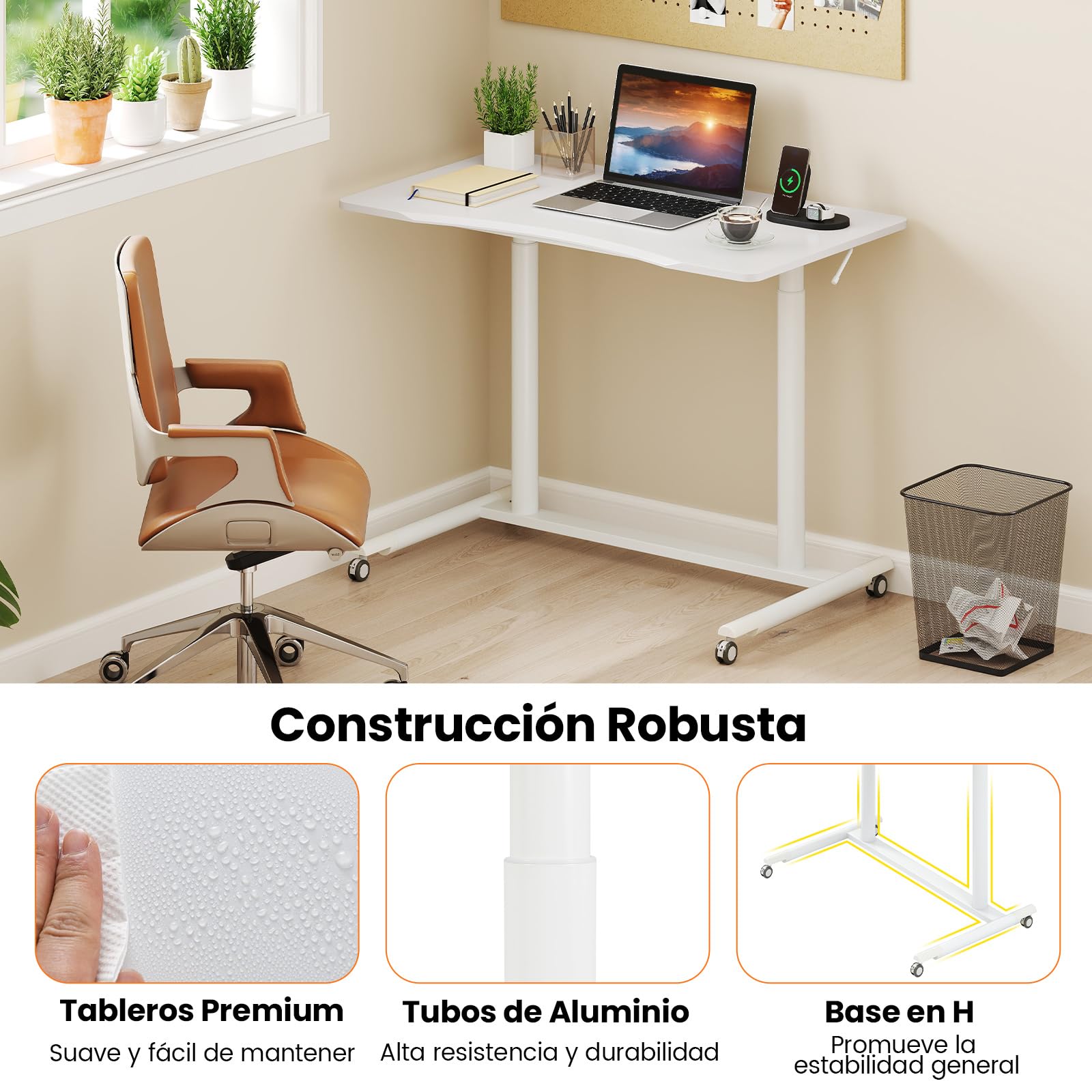 COSTWAY Escritorio Elevable 95 x 52cm, Altura Ajustable, Secretaria Elevatoria con Ruedas Bloqueables, Marco de Metal, para Espacios Pequeños, Mesa Escritorio Oficina Despacho (Blanco)