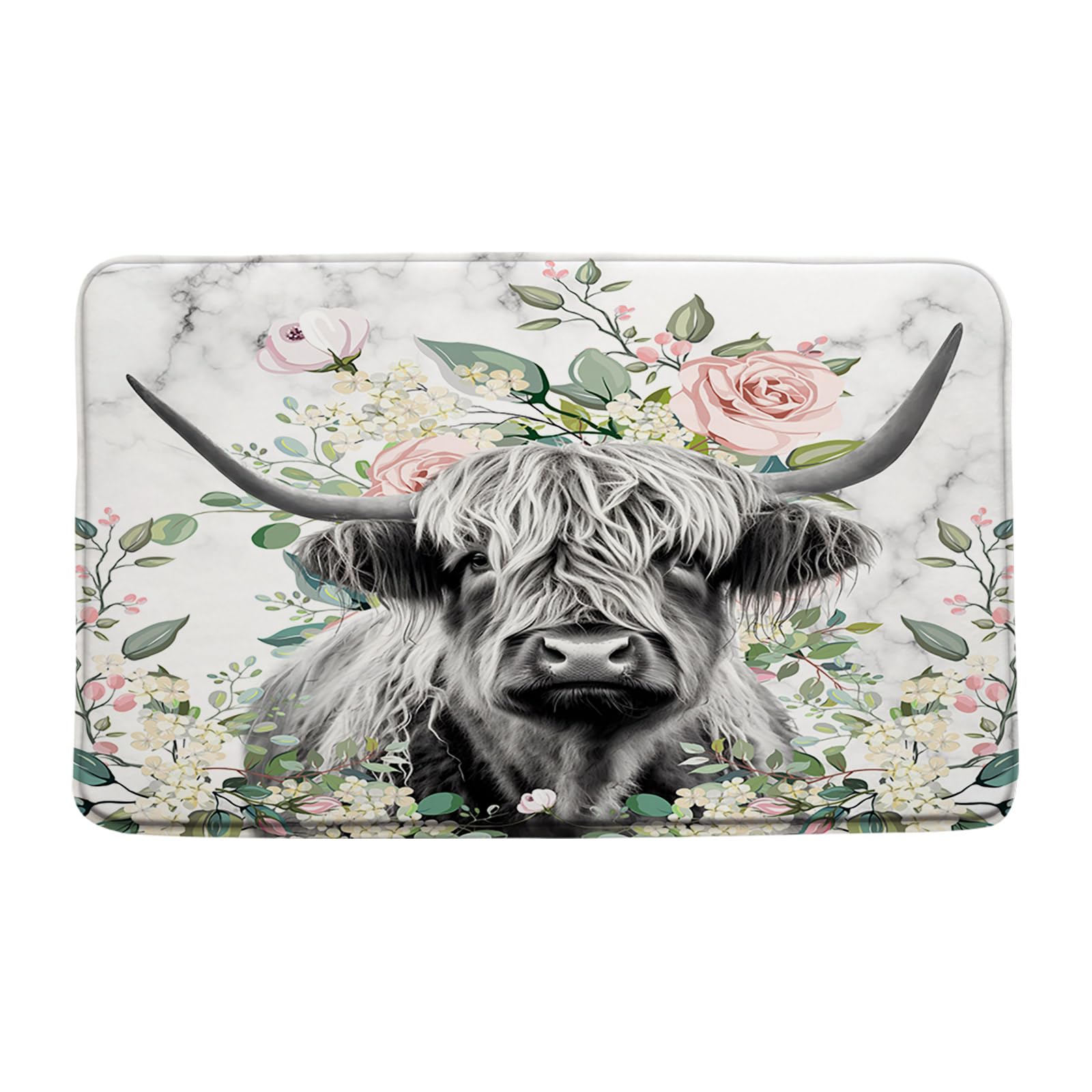 Farmhouse Highland Cow Bath Mat Western Funny Farm Animal Portrait of Longhorn Bull Pink Floral Rustic 24