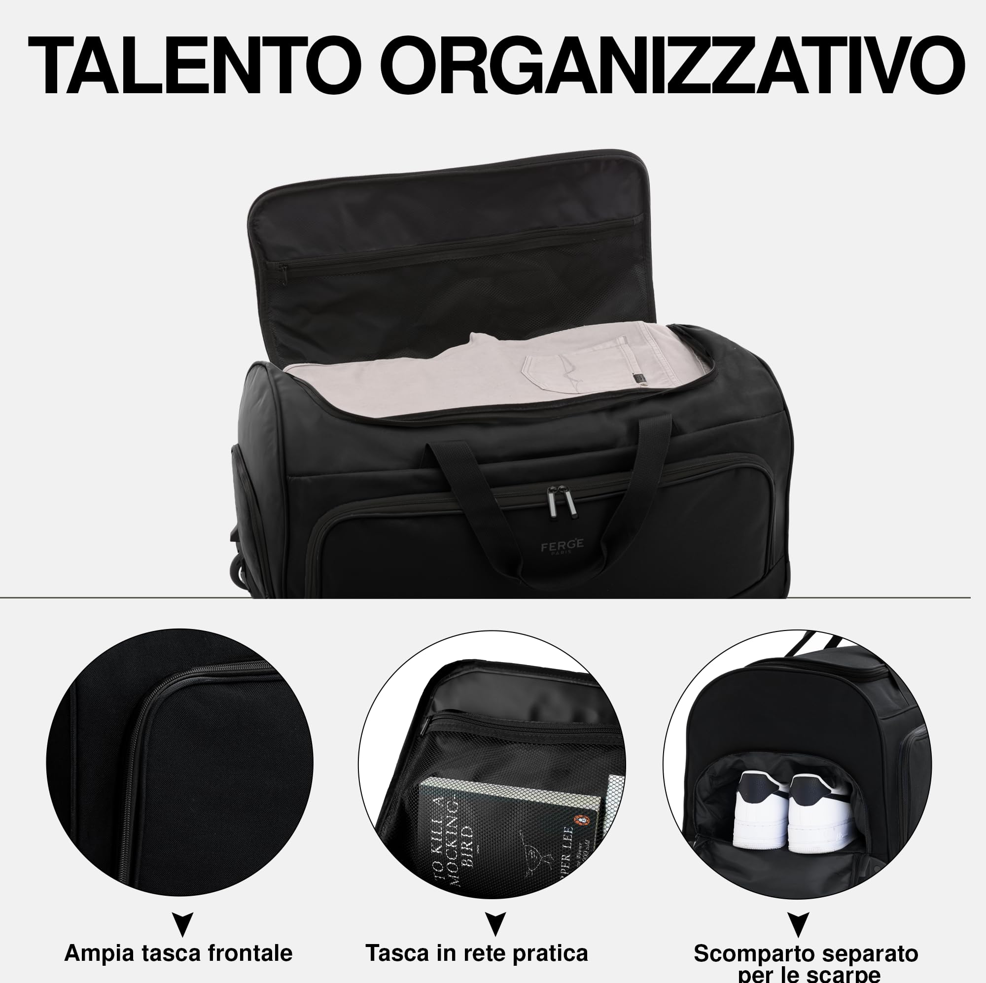FERGÉ borsa da viaggio con ruote PARIS | scomparto separato per le scarpe bagaglio morbido trolley da viaggio weekender Paris 90 litri, nero