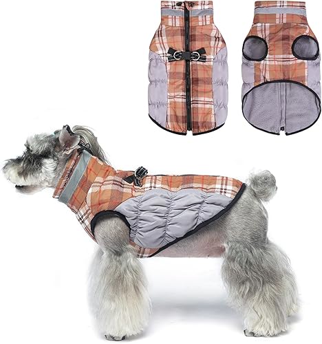 BEAUTYZOO Abrigo de invierno a cuadros para perro, chaqueta reflectante mejorada para perro, forro polar acolchado con arnés integrado, ropa