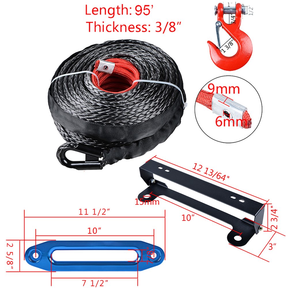 amopacorp 95 feet 3/8 inch Synthetic Winch Rope Recovery 20,500 lbs with Red Hook and 10 inch Anodized Blue Hawse Fairlead 254mm Flip-Up License Plate Holder