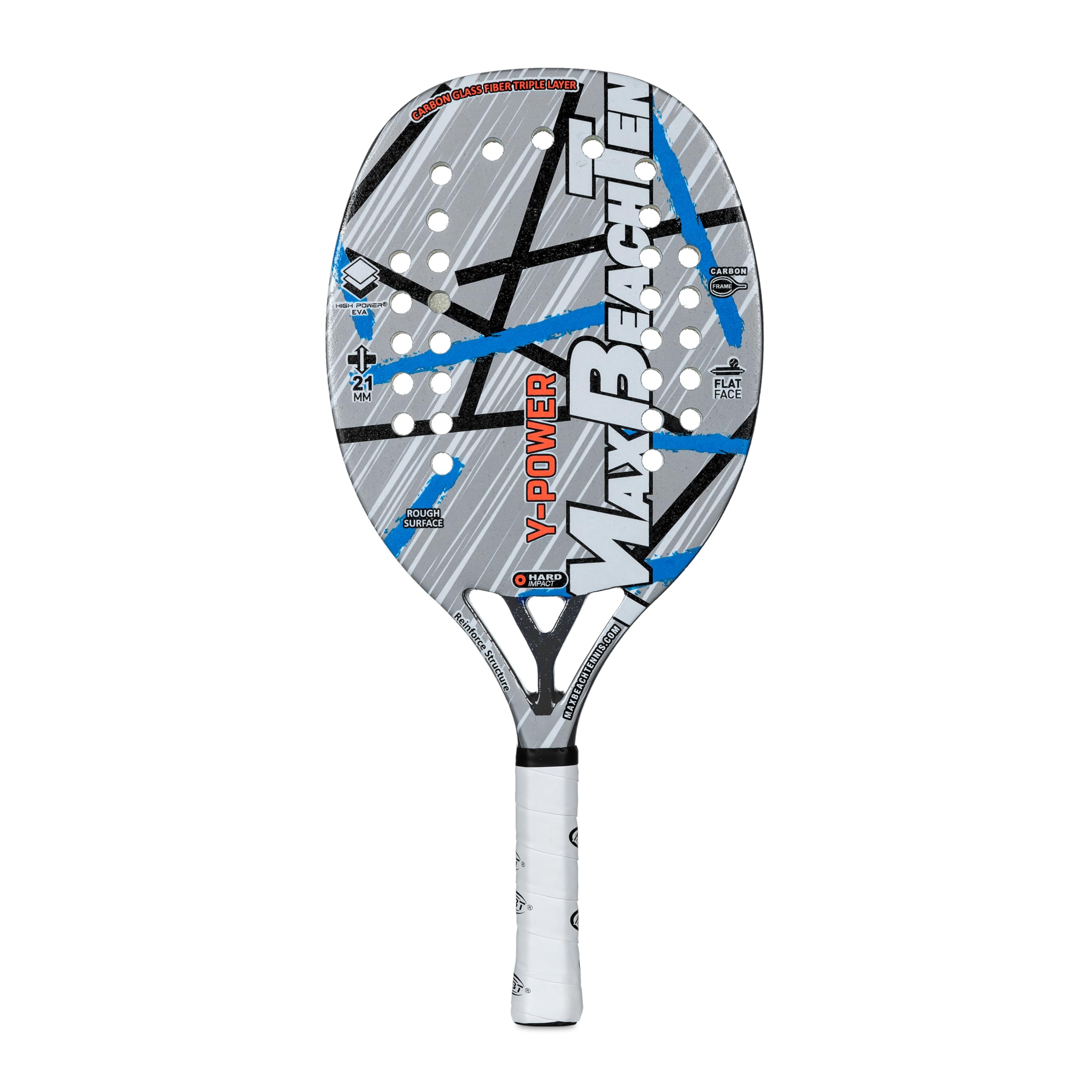 MBT Y-POWER, Racchetta Beach Tennis Carbonio e fibra di vetro - Superficie ruvida - Eva High Power – Leggera e Bilanciata – Profilo 21 mm