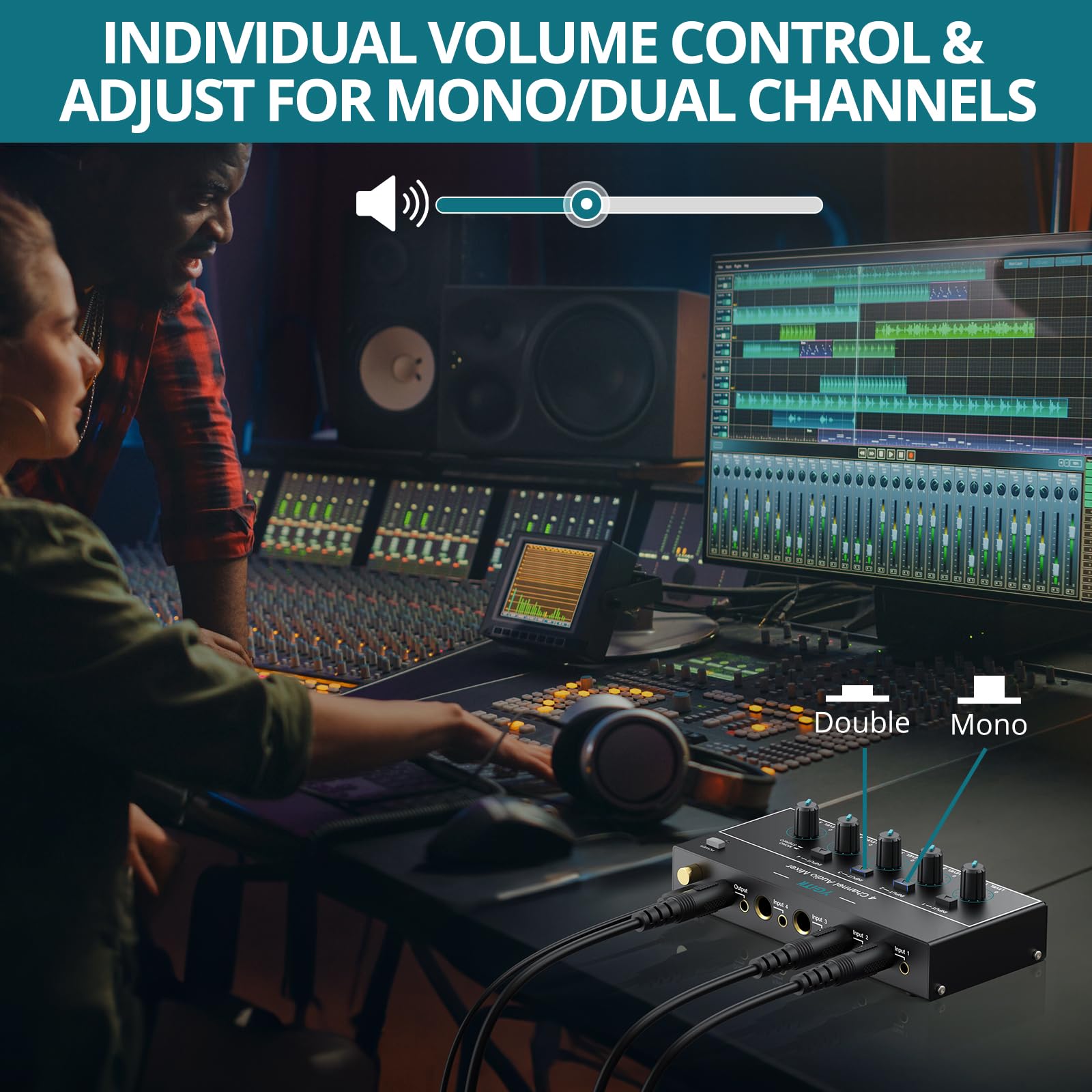 YGiTK Mini Audio Mixer, 4 Channel Stereo Line Mixer 1/4" & 1/8" TSR Audio Output Input Jack - Image 2