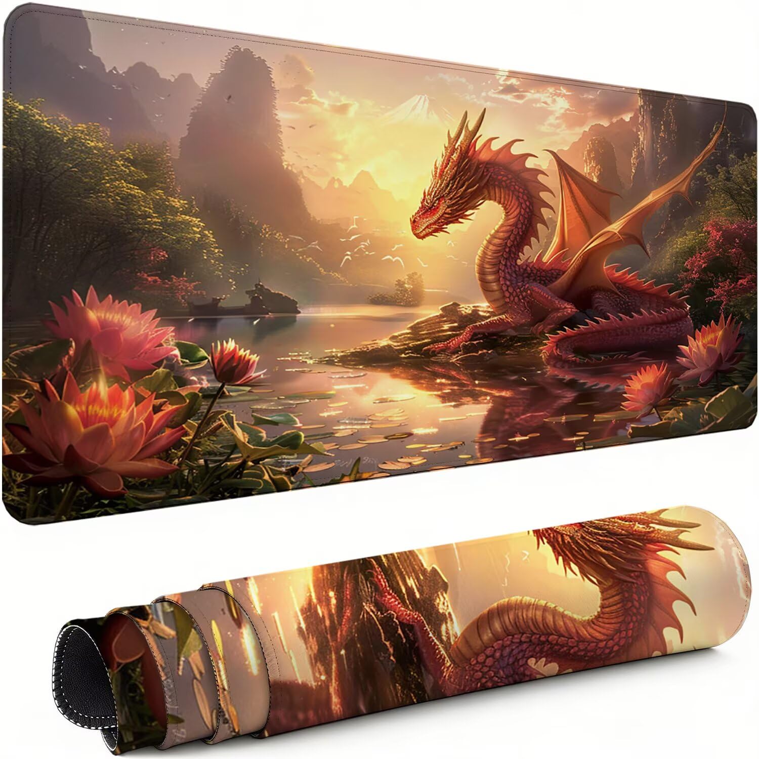 Podkładka pod mysz XXL smok 900 x 400 x 3 mm antypoślizgowa gumowa podkładka pod mysz gracz lotos dokładność kompatybilna z wszystkimi myszami, miękka powłoka wodoodporna ochrona biurowa do domowego