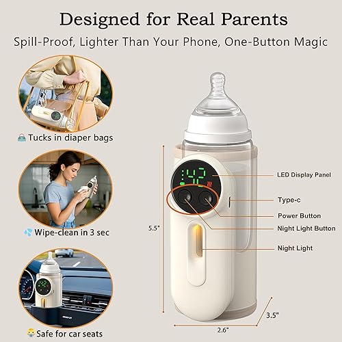 Miniatura 7 de Calentador de biberones portátil con alfombrilla apta para alimentos, calentamiento suave de 6 temperaturas para leche materna y fórmula, carga
