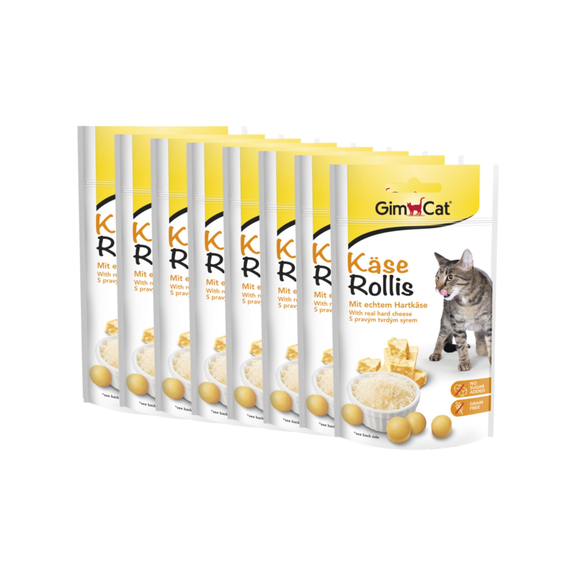 GimCat Rollis, comprimidos de queso - Snack para gatos rico en vitaminas con auténtico queso duro - Sin azúcar añadido y sin cereales - Pack de 8 unidades (8 x 40 g)