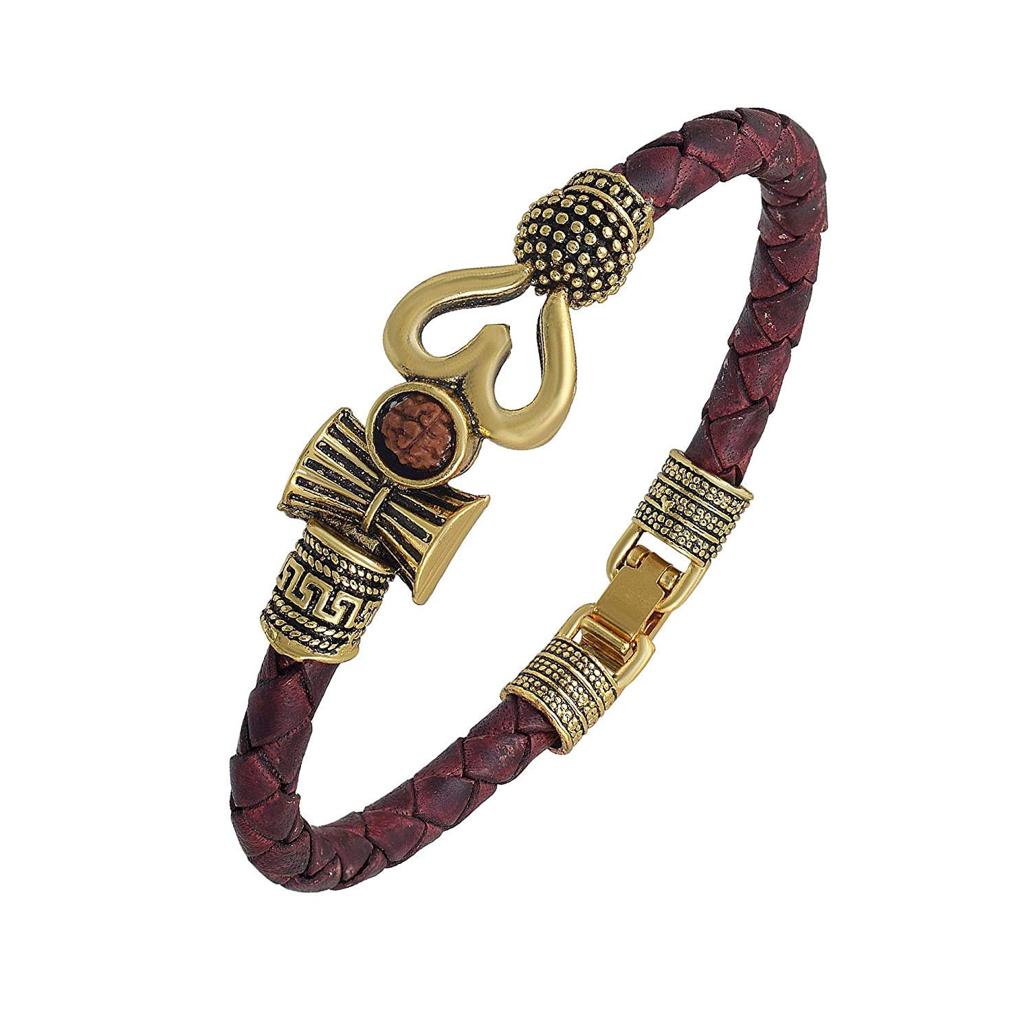 Trishul Damru OM Rudraksha Beads Silver Plated Mahakal Shiva Genuine Leather Bracelet for Men and Boys