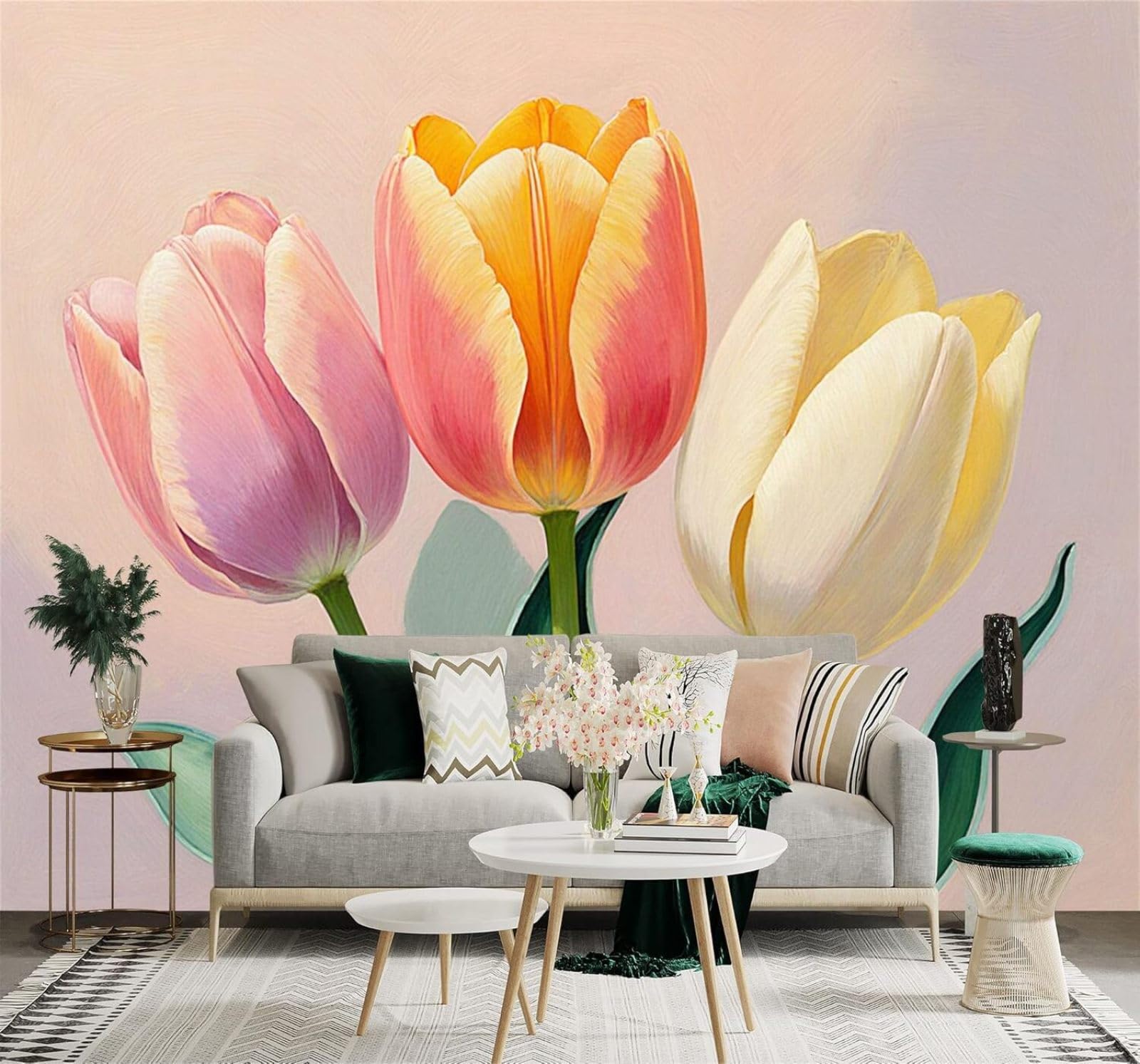 XLMING Colourful Tulip Blossoms Green Leaves Soft Pastel Colours 3D Wallpaper Premium Textured Silk Study Dining Living Room Bedroom Sofa TV Wall Easy Install-400cm×280cm
