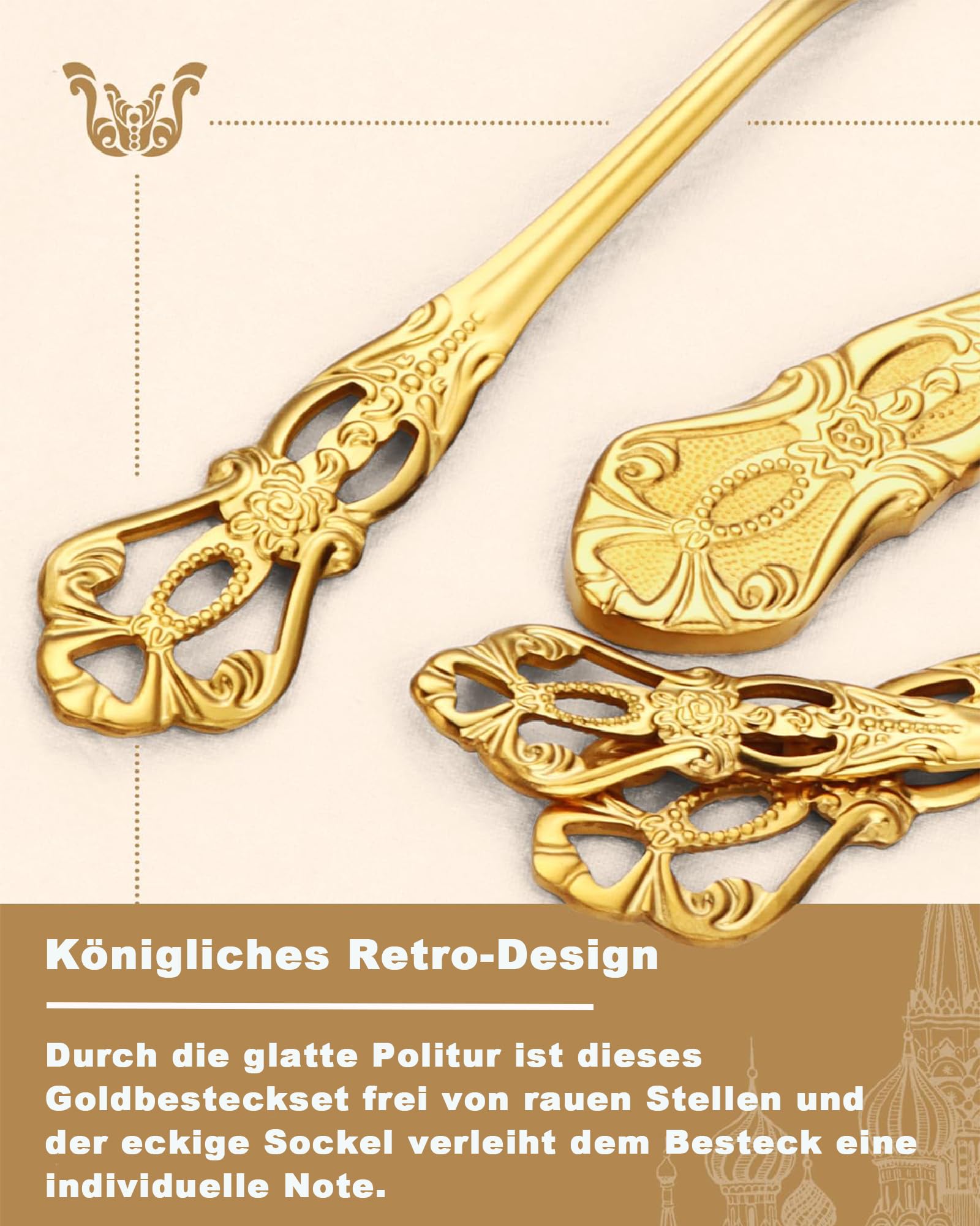 Retro Gold Besteckset für 6 Personen, Wunderschönes 24-teiliges Edelstahlgeschirr, Service für 6 Personen, Utensilienset, Gabel, Löffel, Messer, antikes Barock-Besteckset