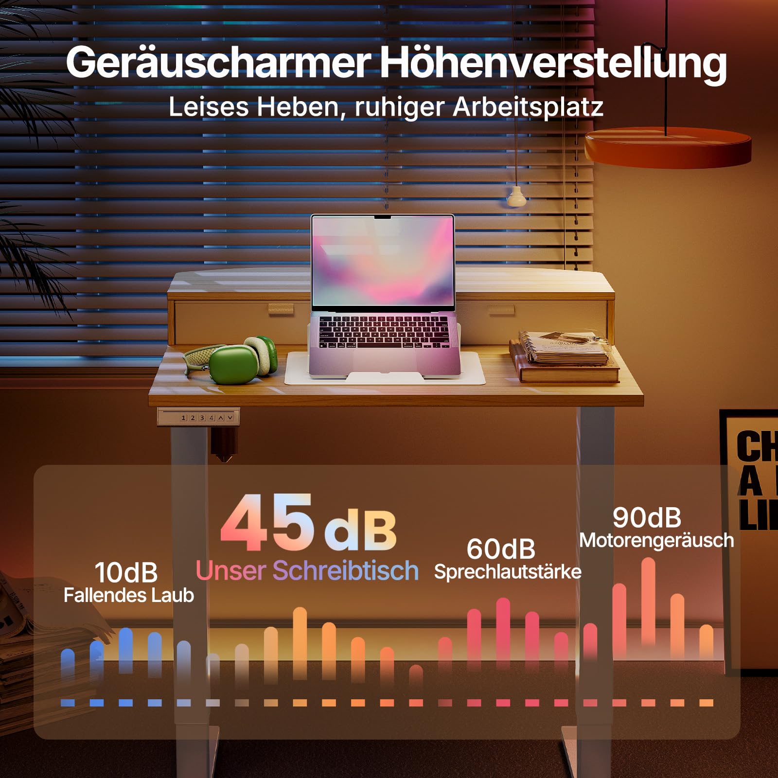 HUANUO Höhenverstellbarer Schreibtisch 80x53 cm mit Schubladen | kompatible C-Klemme-Halterung, 4 Gedächtnis-Höheneintellungen