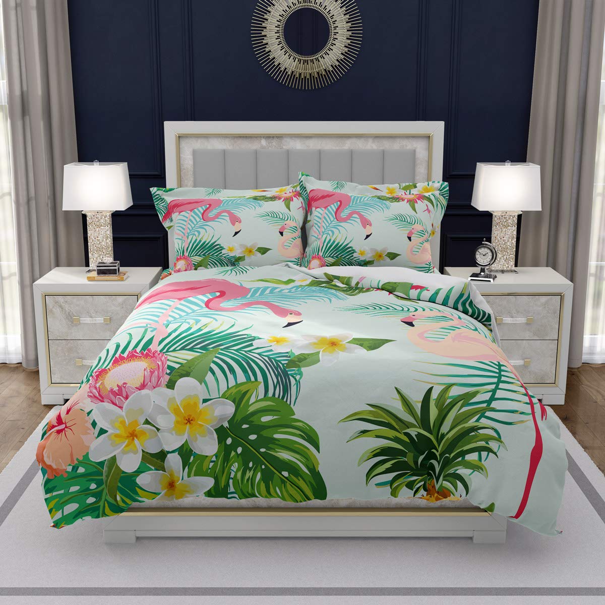 Loussiesd Pink Flamingo Duvet Cover Set Double for Children Teens Blossom Flower Bedding Set Tropical Leaves Comforter Cover with 2 Pillowcases Floral Microfiber Zipper Palm Leaf 3 Pcs Bedspread Cover