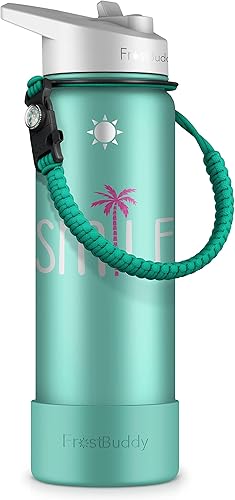 Frost Buddy Botella de agua de 24 oz con popote, tapa y mango de cuerda de paracaídas, aislada, frío por 24 h, sin fugas, acero inoxidable, para