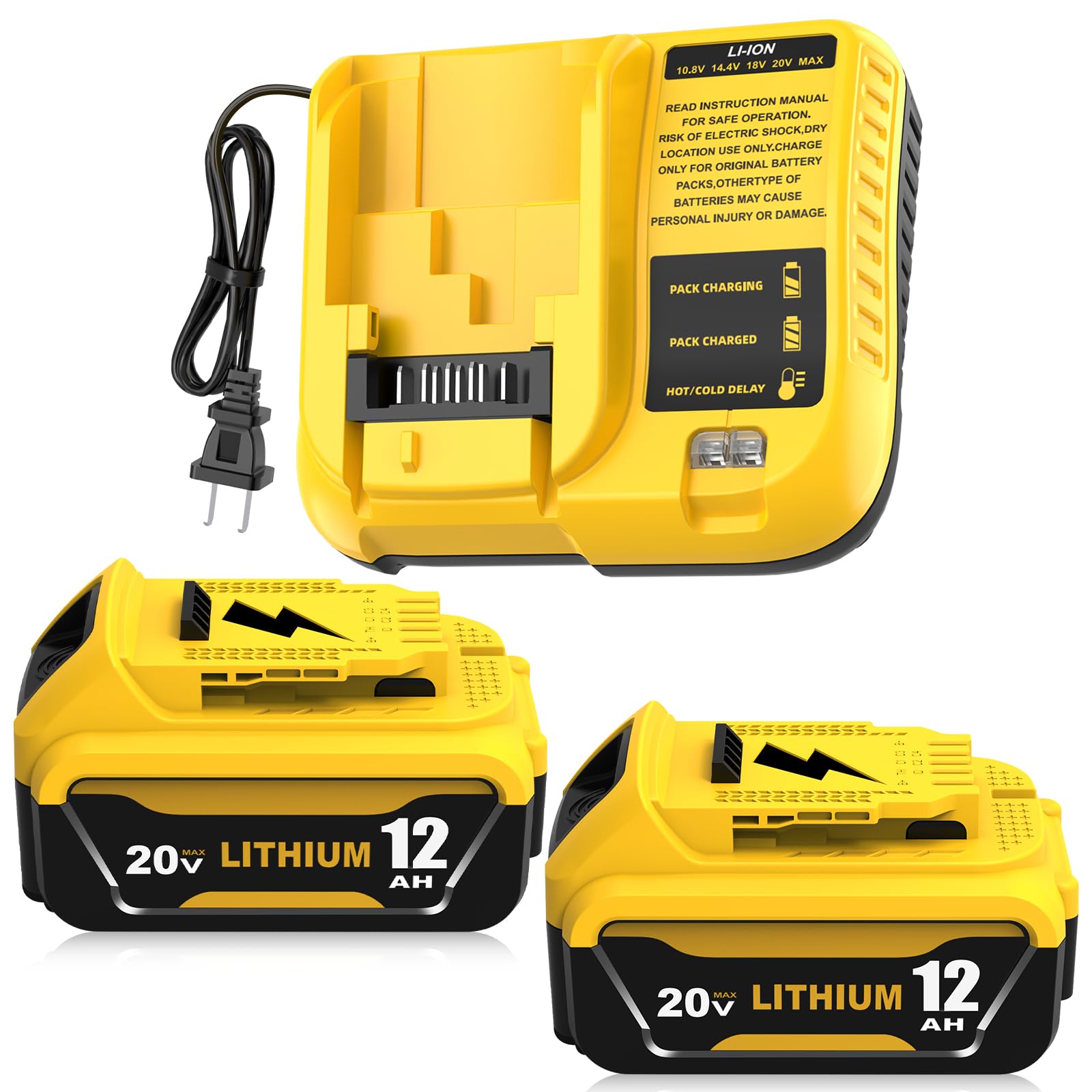 2 Packs 12000mAh DCB206 Replacement for Dewalt 20V Battery and DCB107 Charger Compatible with Dewalt 20V Max Battery Lithium DCB203 DCB207 DCB200 DCD DCF DCG Series Cordless Power Tools (2Pack+C）
