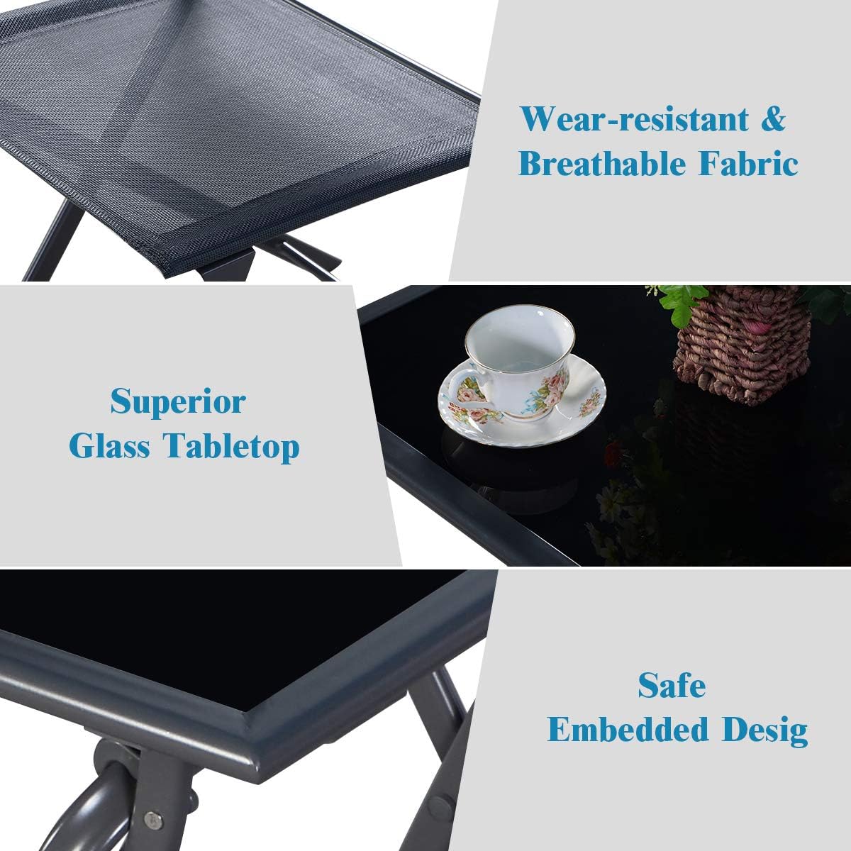 Giantex 3 Pcs Bistro Set, Outdoor Bistro Table Set, Folding Porch Furniture, Metal Patio Dining Table and 2 Chairs, 3 Pieces Portable Patio Bistro Set for Garden Backyard Lawn