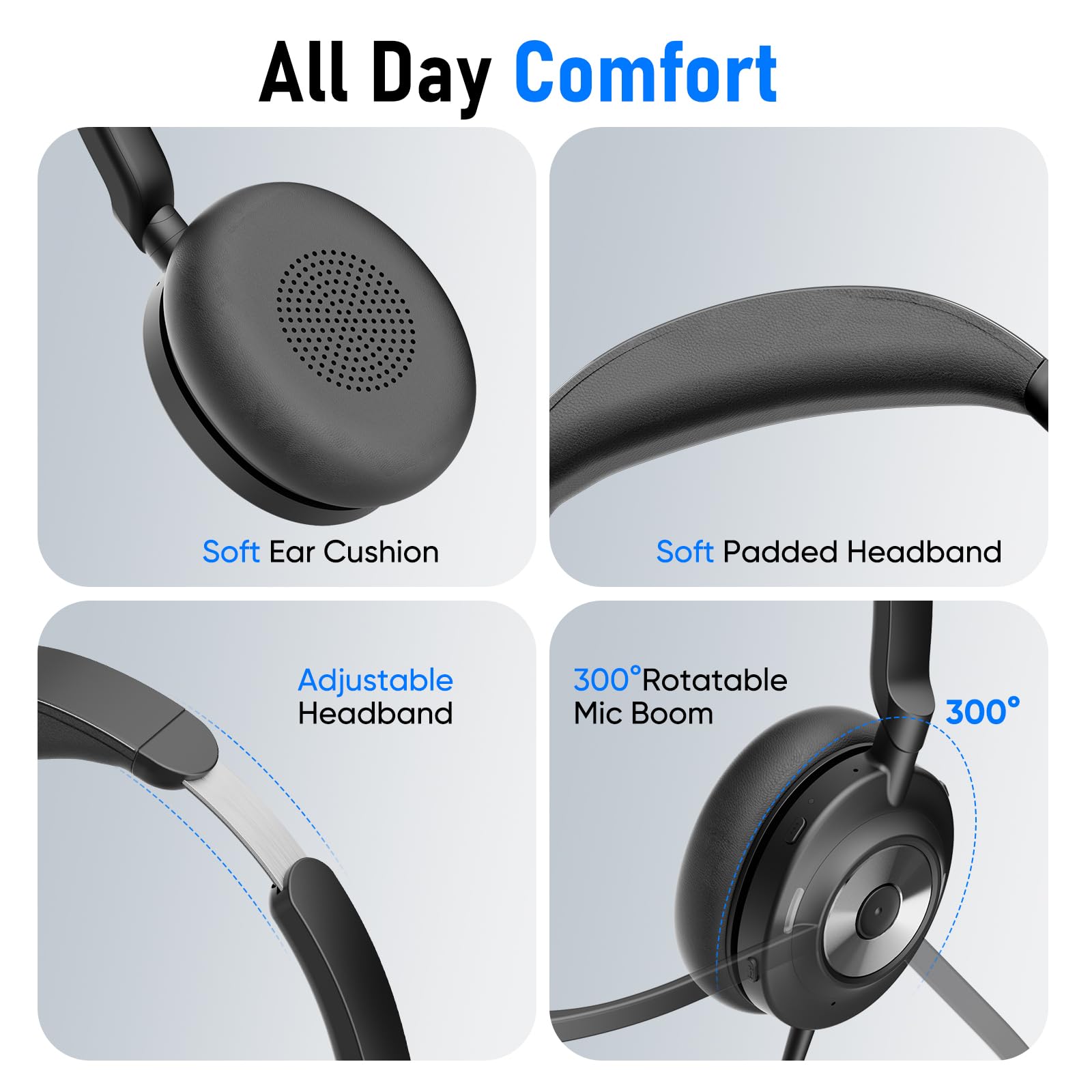 Cuffie USB cablate con cancellazione attiva del rumore e microfono ENC per PC, cuffie da ufficio ibride con riduzione del rumore a 4 microfoni, cuffie per computer on-ear con pulsante mute, per call