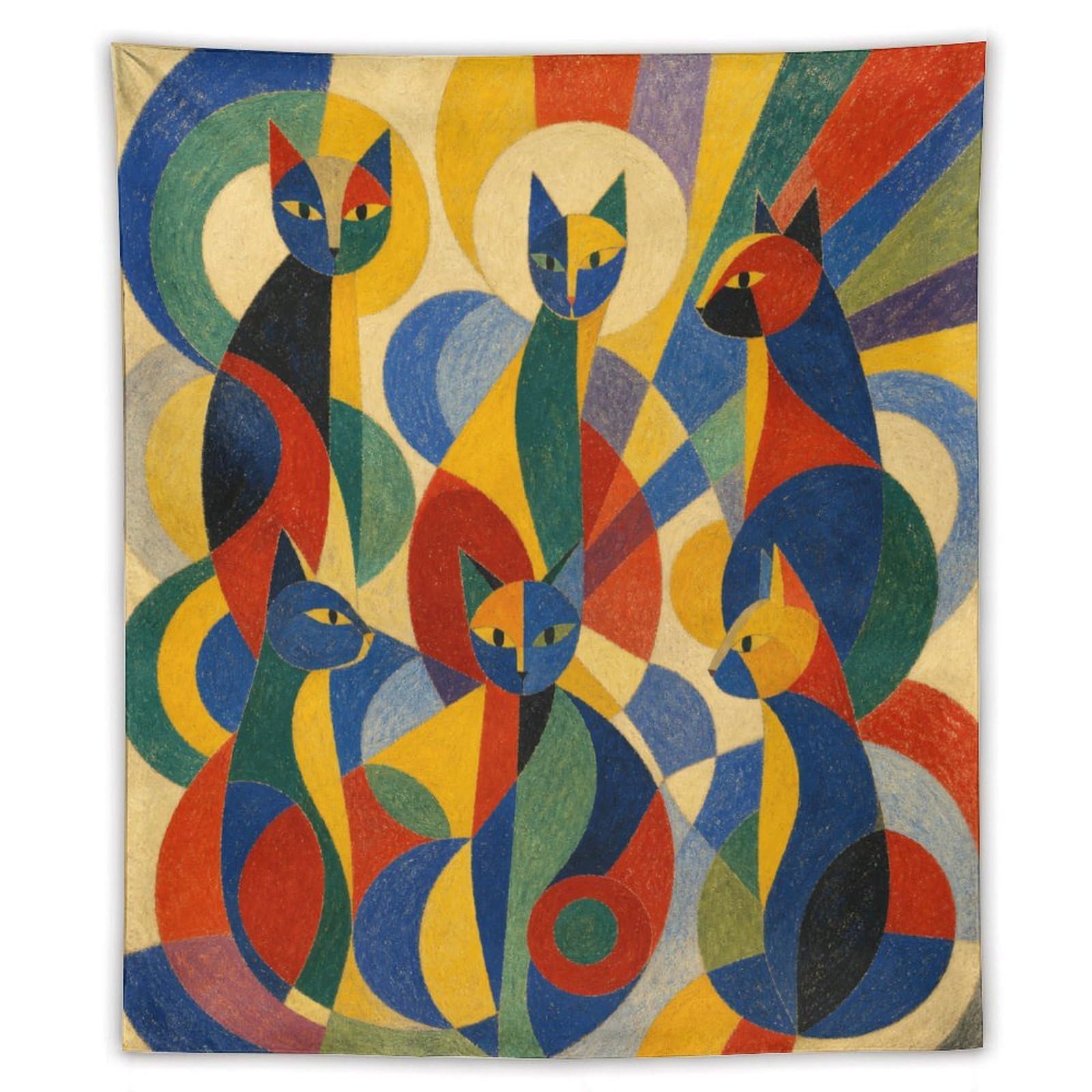 H3B8U2Y5 Colorful Cat Group Wall Tapestry, Geometric Art Style, Bed