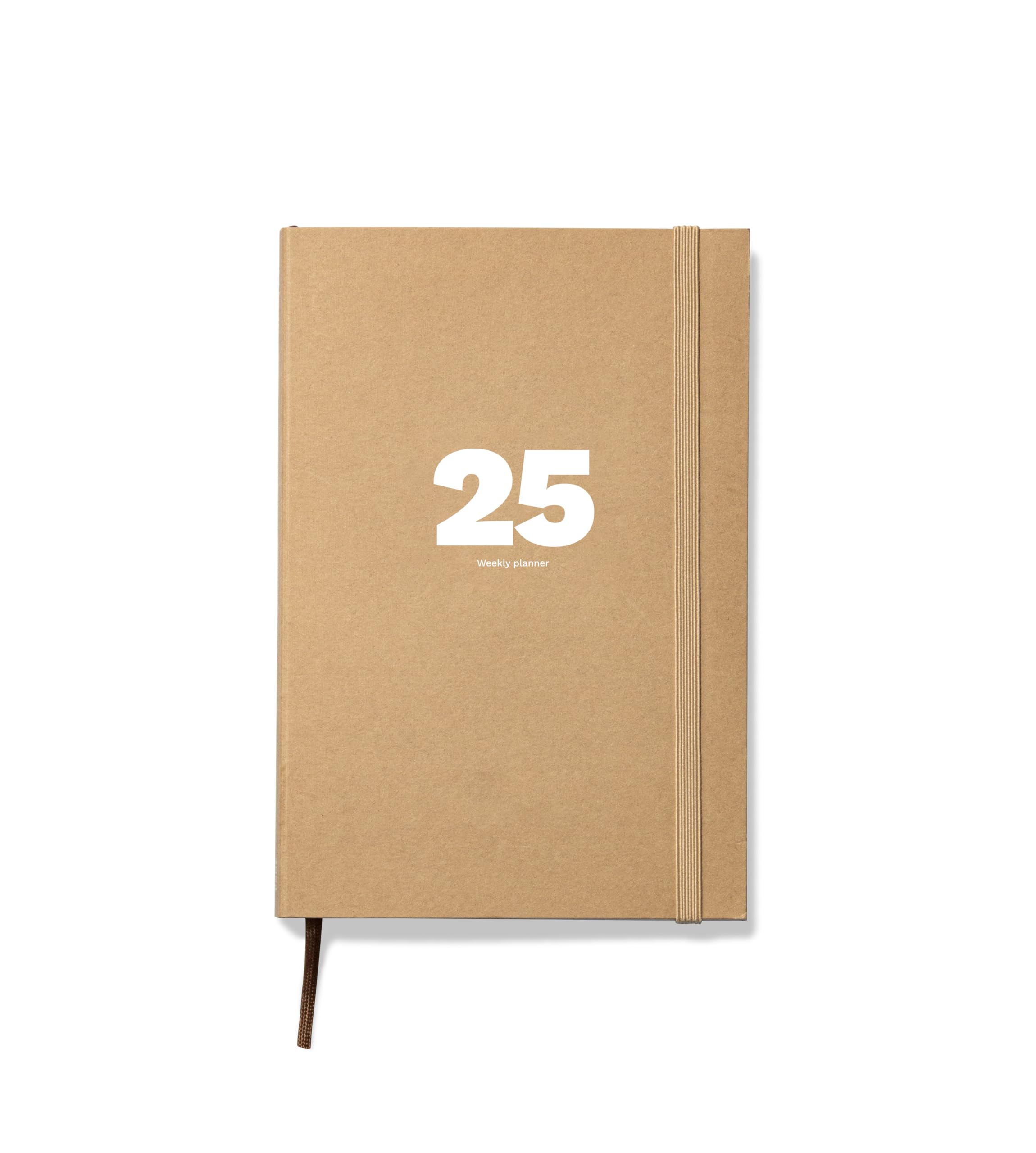 OCTÀGON DESIGN | 2025 Weekly Planner | Planificador semanal | 12 meses; enero - diciembre 2025 | Tamaño | similar A5 | Color Kraft | Tapa semirrígida | Se mantiene totalmente abierto | Banda elástica