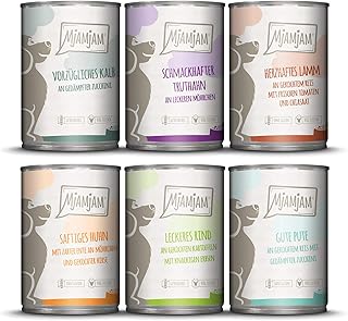 MjAMjAM - Premium Nassfutter für Hunde - Mixpaket II - mit Huhn & Ente, Rind, Pute, Kalb, Truthahn, Lamm, 6er Pack (6 x 400 g), naturbelassen mit extra viel Fleisch product image