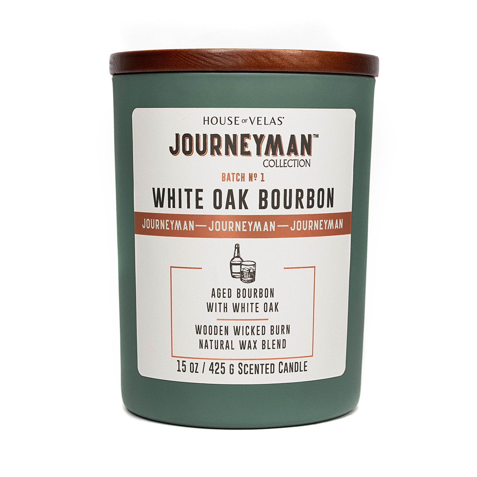 House of Velas Journeyman Collection Candle, 15oz, Wooden Wick, White Oak Bourbon, Large Painted Jar