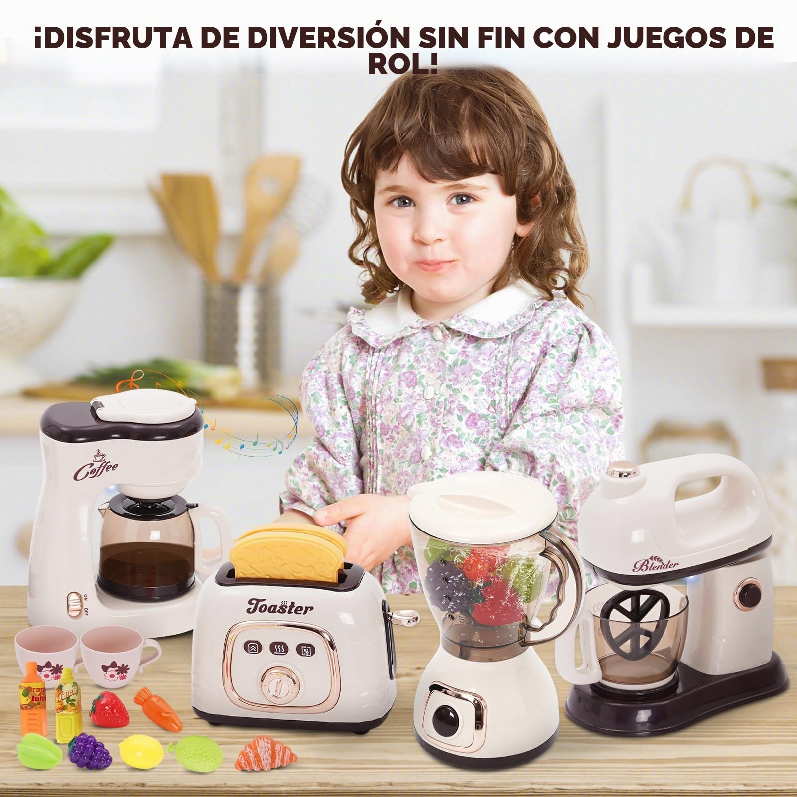 Set de utensilios de cocina para niños con cafetera, licuadora, tostadora, batidor, accesorios para cocina infantil, juguetes, juego de cocina, alimentos con luz y sonido, juegos de roles, regalos