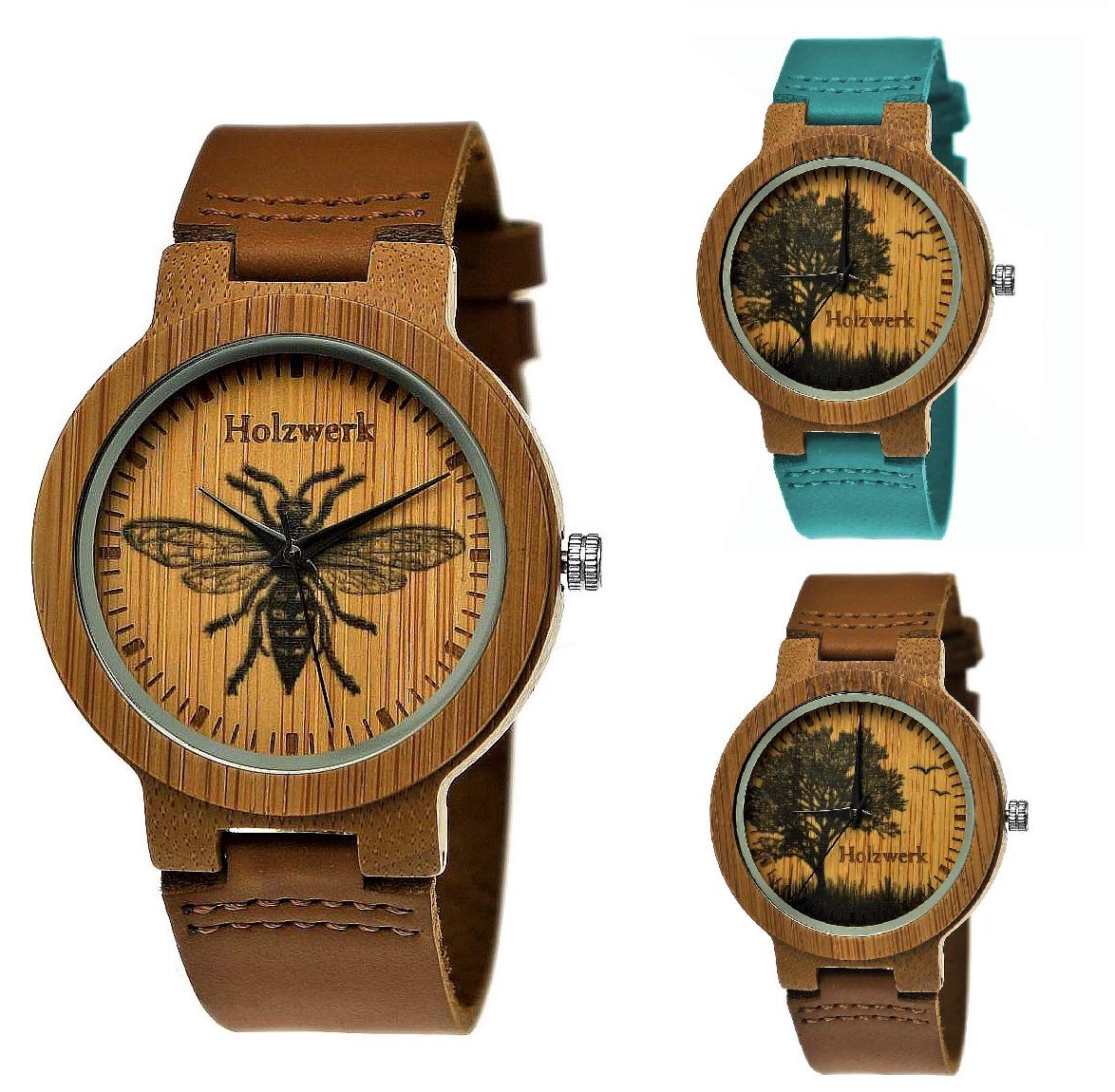 Holzwerk Germany Handgefertigte Designer Damen-Uhr Öko Natur Holz-Uhr Braun Gold Grün Lila Holz Armband-Uhr Analog Klassisch Quarz-Uhr