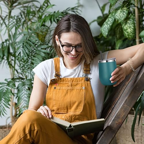 Miniatura 7 de Vaso de vino VEGOND de 12 oz hecho de acero inoxidable, térmico con tapa y pajita, vaso de vino con aislamiento al vacío y doble pared, sin tallo,