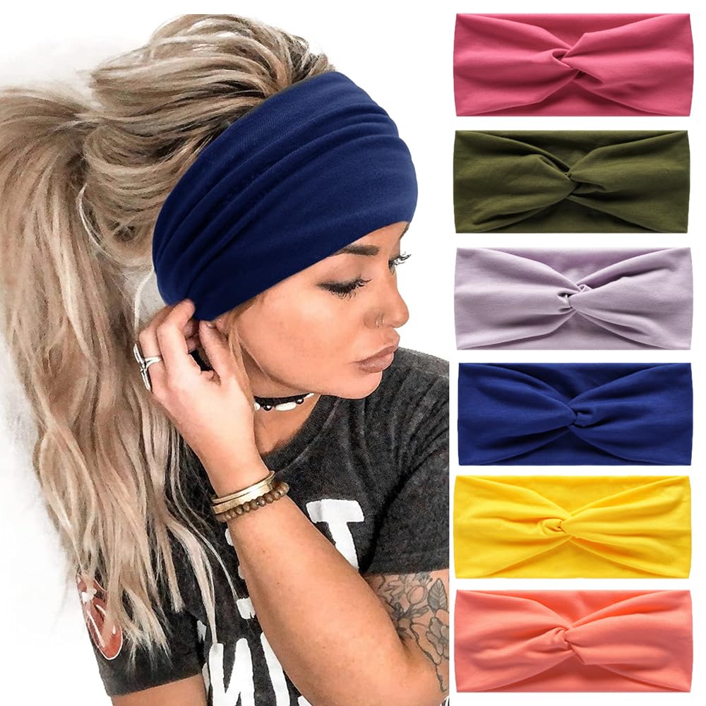 HUANMAYE6Pcs Women's Hairband Bandana Accessories for Adults - Boho Elastic Turban Wide Non-Slip Hair Scarf Headbands for Short Hair (Solid)