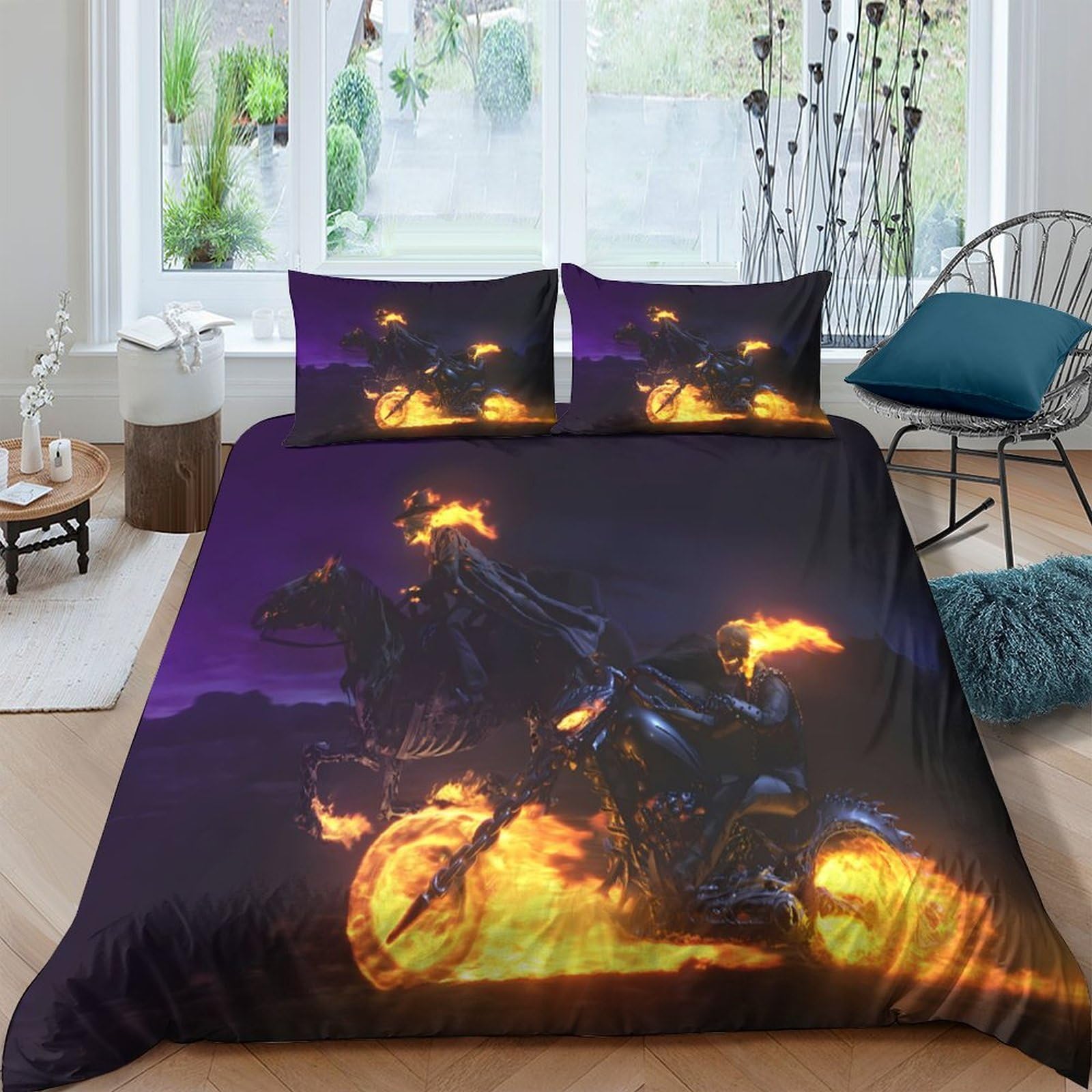 XFKLYNVCJ 3D Printed fire-riding-skeleton Quilt Cover Microfiber dark-fantasy-style Bed Cover Fade Resistant Wrinkle Free Soft Durable Machine Washable Easy Care for Home Family Use Single（140x200cm）