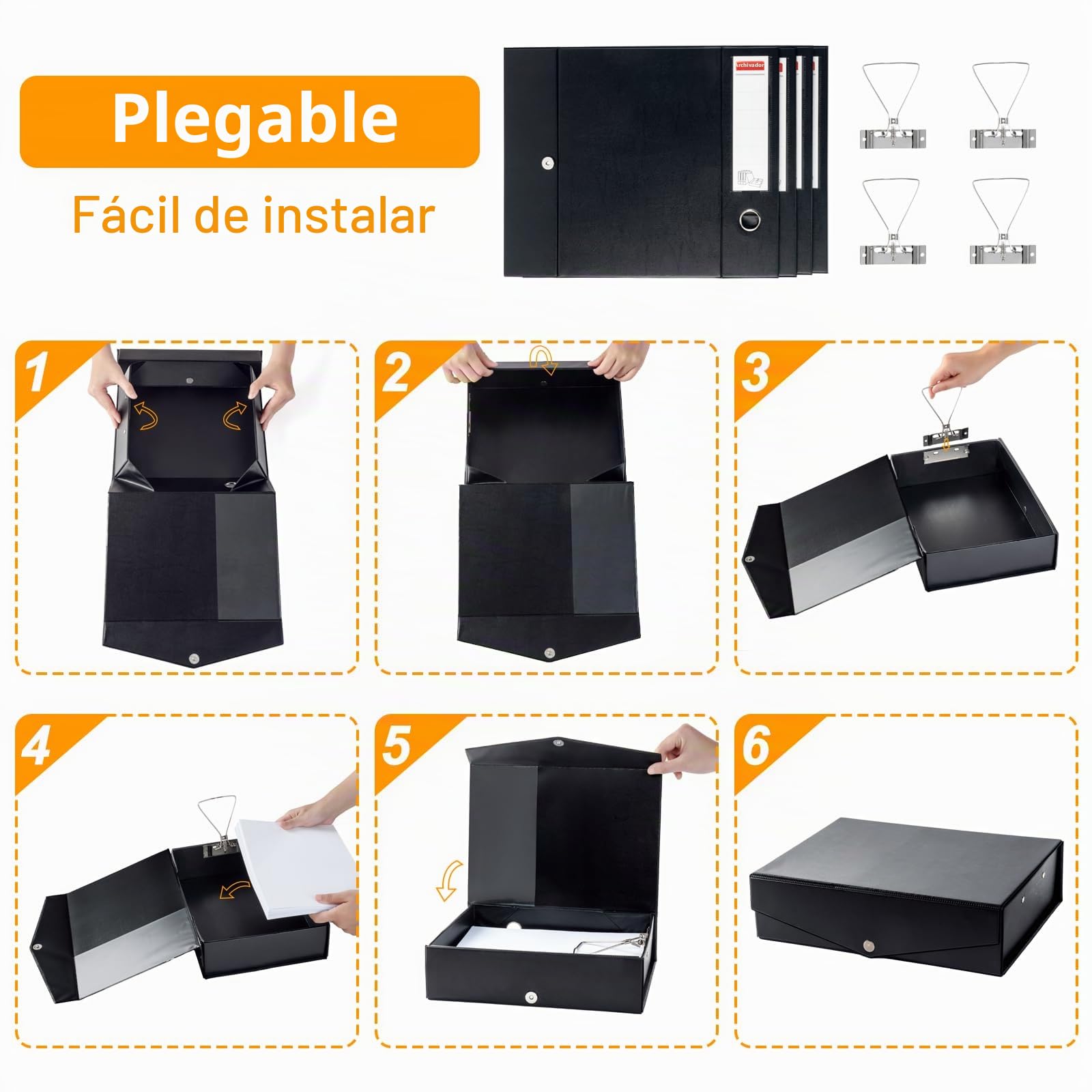 4Pcs Caja de Archivos A4 Plegable, color Negro, de Plástico, Lomo de 88mm, Caja de Documentos A4, Carpetas para Archivo para Oficina, Escolar, Sala de Archivos