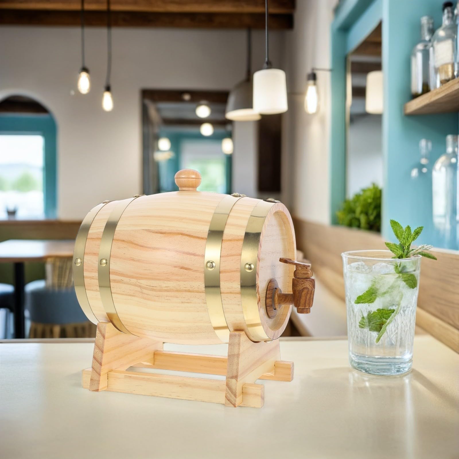Schnapsfass mit Breiter Basis zur Aromakonservierung mit Zapfhahn und Ständer 3 Liter Holzfass im Vintage Look für Wein und Saft in Gastronomie und Zuhause