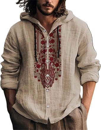 Mens Button Down Linen Rockabilly Hoodies Long Sleeve Ethnic Pattern Guayabera Shirts with Hood Hawaiian Hippie Shirt